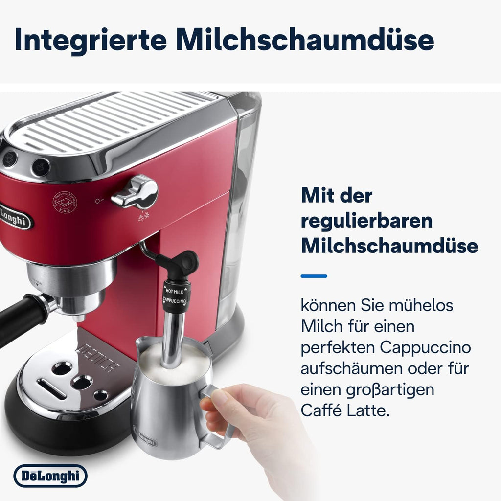 De'Longhi Dedica Style EC 685.M – Macchina da caffè espresso con portafiltro, con montalatte professionale, larga solo 15 cm, per caffè in polvere o cialde ESE, serbatoio dell'acqua da 1 l, argento