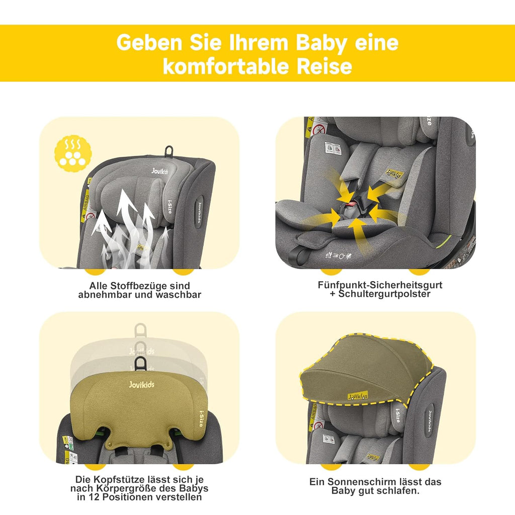 Jovikids 360° Drehbar Kindersitz mit ISOFIX, i-Size 40-150cm(ab Geburt -12 Jahre) Baby Autositz Reboarder mit Liegefunktion & Abnehmbar Vordach, ECE R129 (blau)