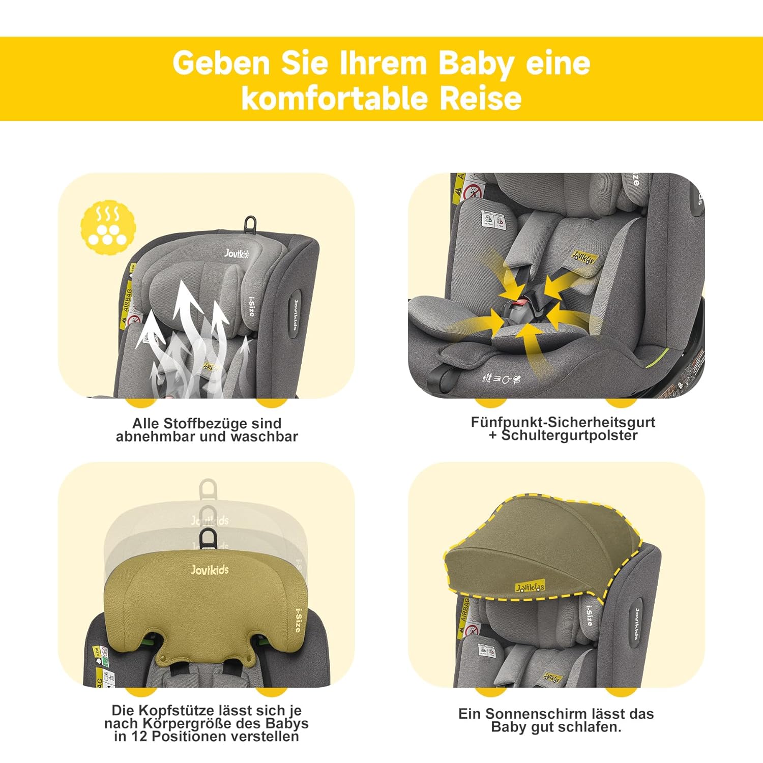 Jovikids 360° Drehbar Kindersitz mit ISOFIX, i-Size 40-150cm(ab Geburt -12 Jahre) Baby Autositz Reboarder mit Liegefunktion & Abnehmbar Vordach, ECE R129 (blau)