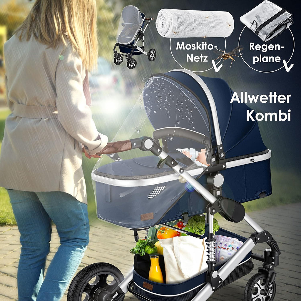 KESSER® Loops Passeggino Trio 3 in 1, Set Completo con Navicella, Seduta Passeggino e Seggiolino Auto Ovetto, Ruote in Gomma Piena, Borsa Fasciatoio, Parapioggia, Tavolino, ECE R129, Nero/Champagne
