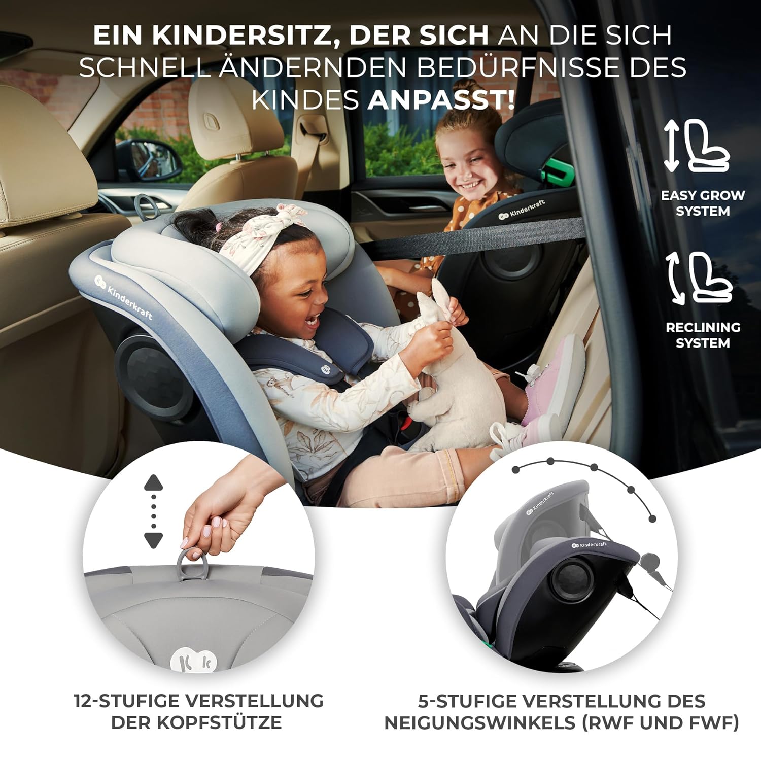 Kinderkraft I-GROW Kindersitz 0-36 kg, I-SIZE 40-150 cm, 360 grad drehbar, Kinderautositz mit Isofix station, FWF und RWF, Verstellbare Kopfstütze/Rückenlehne mit Liegeposition, Grau