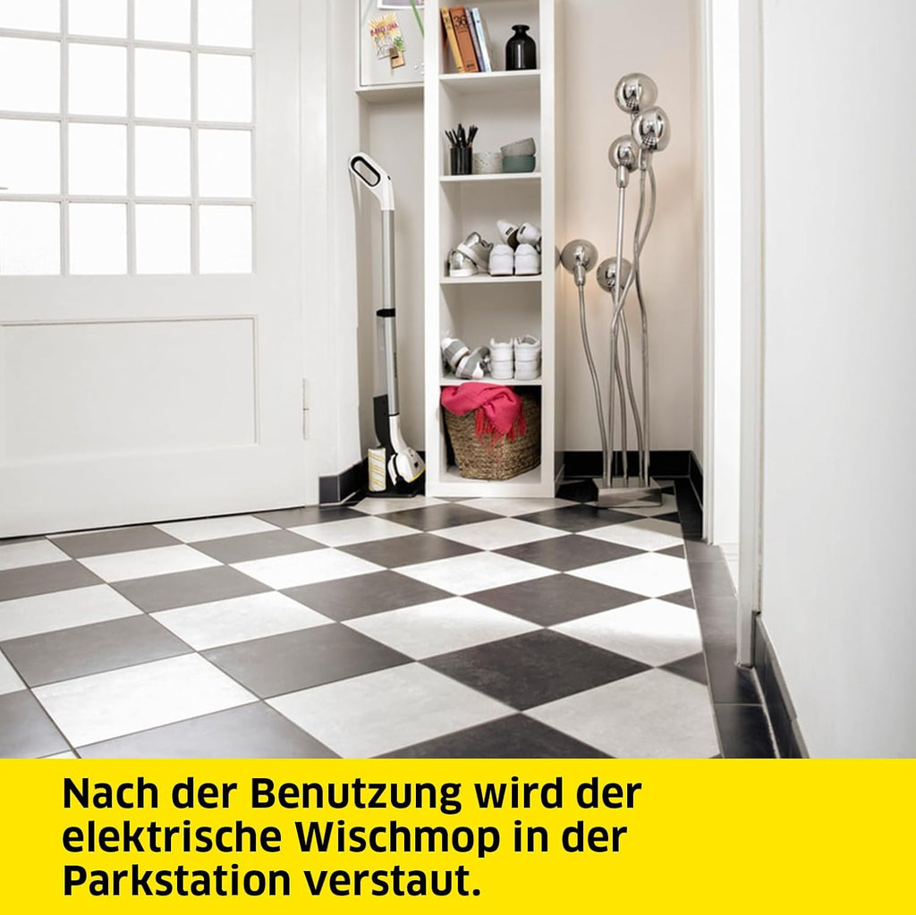 Kärcher Lavapavimenti elettrico EWM 2, lavapavimenti senza fili con 2 rulli in microfibra rotanti, durata della batteria: circa 20 min, capacità di superficie per carica della batteria: circa 60 m², bianco