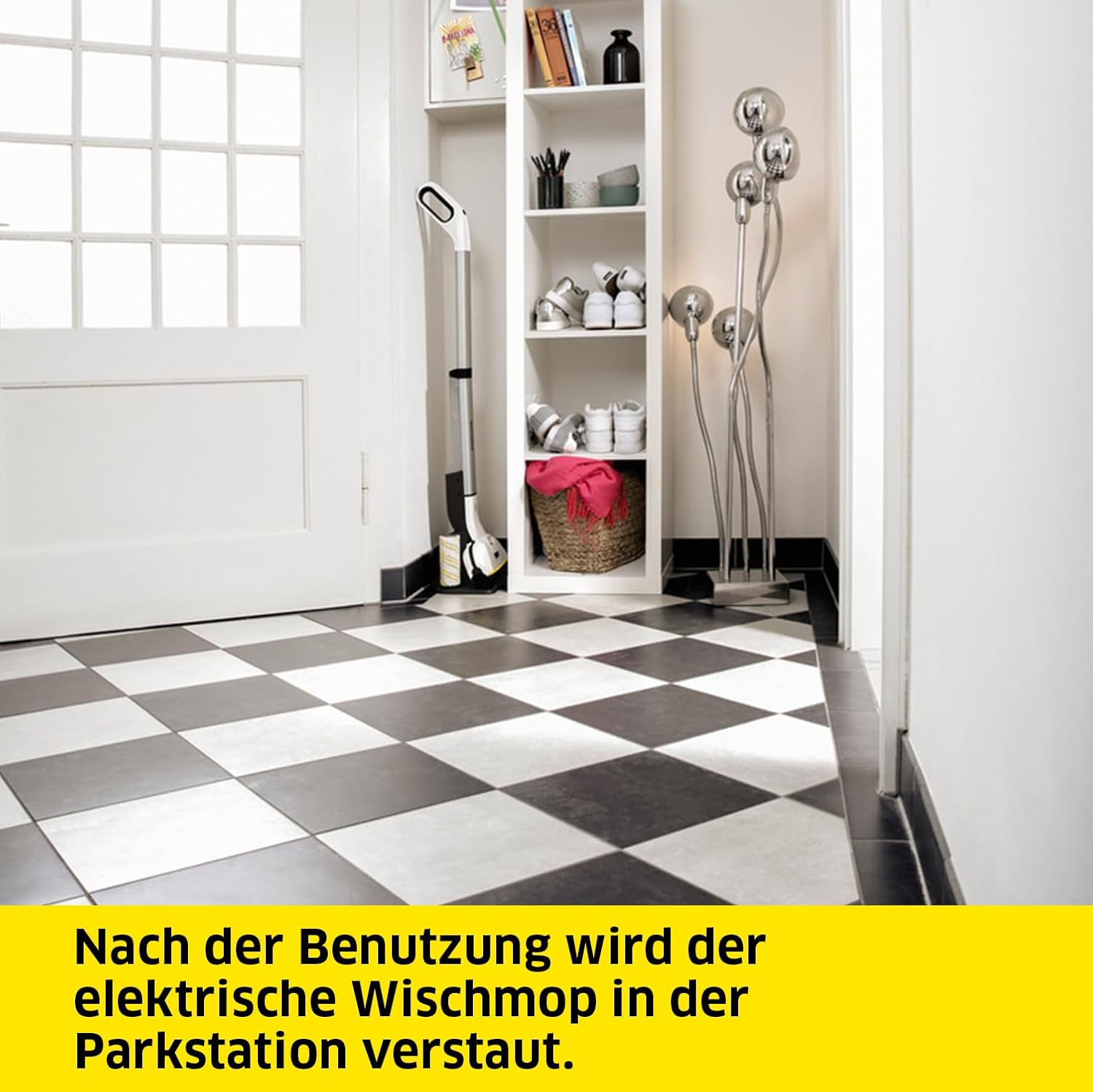Kärcher Lavapavimenti elettrico EWM 2, lavapavimenti senza fili con 2 rulli in microfibra rotanti, durata della batteria: circa 20 min, capacità di superficie per carica della batteria: circa 60 m², bianco