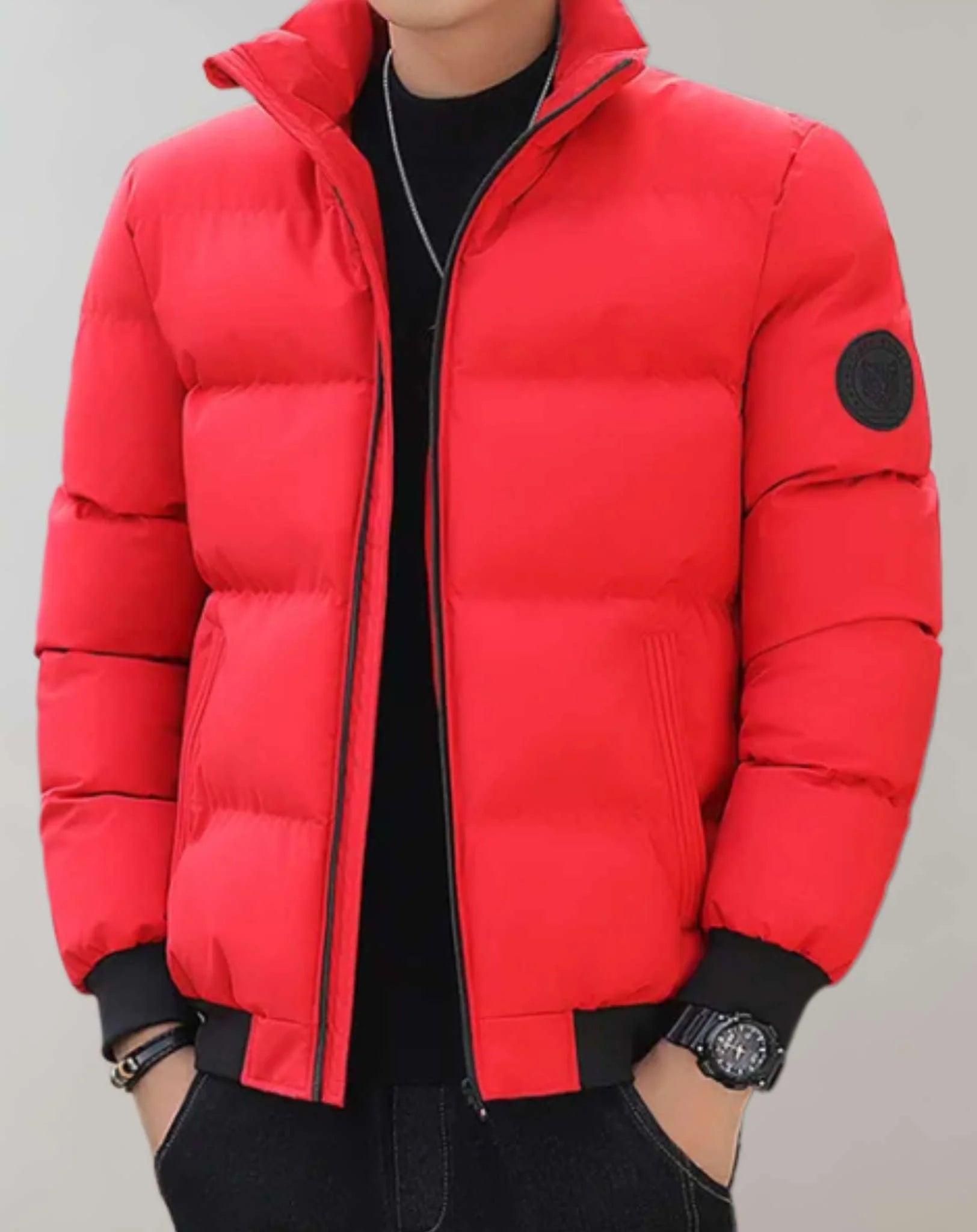 Warme, baumwollgefütterte Winterjacke mit hohem Halsausschnitt und Reiverschluss für Herren