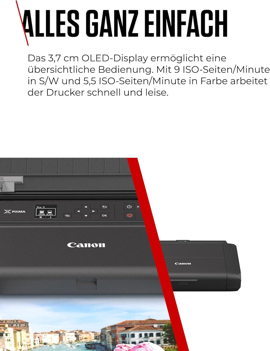 Canon PIXMA TR150 stampante portatile con batteria (Wi-Fi, cloud, AirPrint, 4.800 DPI x 1.200 DPI, USB 2.0 ad alta velocità tipo C, display OLED, stampante a getto d'inchiostro), nero