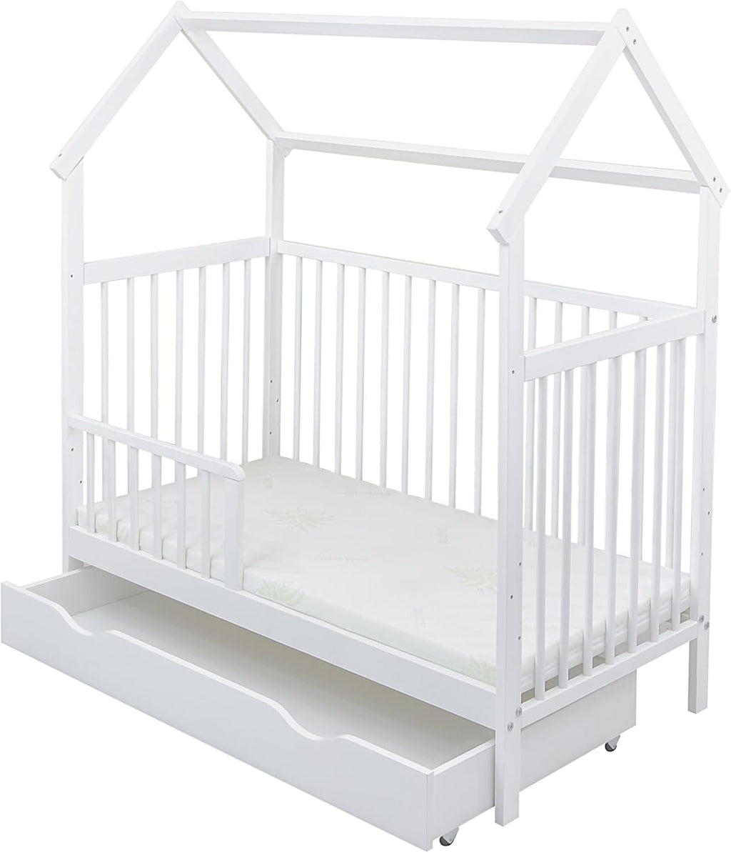 Baby Delux Lettino per Bambini Set Completo Casetta 60x120 cm Bianco con Cassetto Sponda Paracolpi Materasso Biancheria da Letto Set Decorativo (Stelle del Principe)