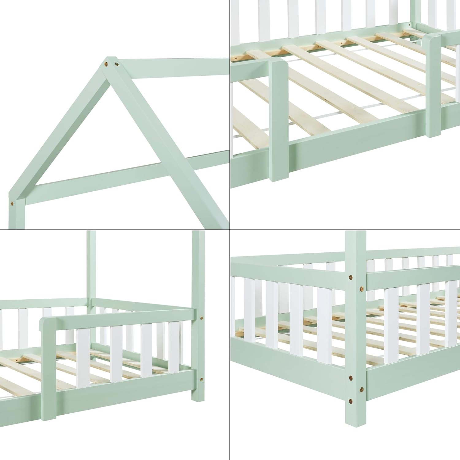 [en.casa] Letto per bambini Sisimiut a capanna 80 x 160 cm con protezione anticaduta letto in legno per bambini letto a terra rete a doghe in legno di pino Bianco opaco