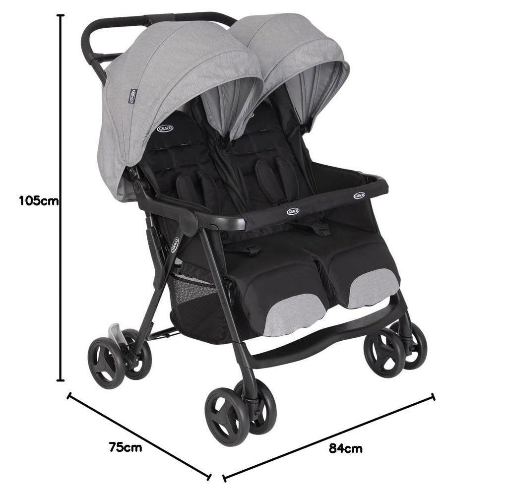 Graco DuoRider™ Doppel-Kinderwagen, Geschwisterwagen, ab Geburt bis ca. 3 Jahre (15 kg), leicht, schnell zusammenklappbar, freistehend, großer Staukorb, inkl. Regenverdeck, grau, Steeple Gray