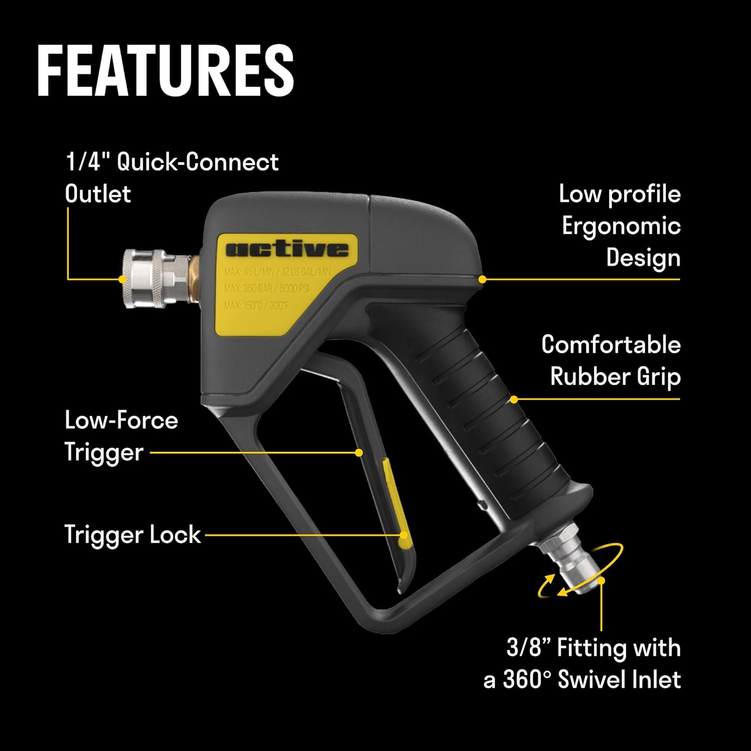 Pistola per idropulitrice ACTIVE con giunto girevole scorrevole, durevole ed efficiente. Costruita con valvole in acciaio inossidabile 304 e grilletto a basso sforzo. Compatibile con tutti i tipi di