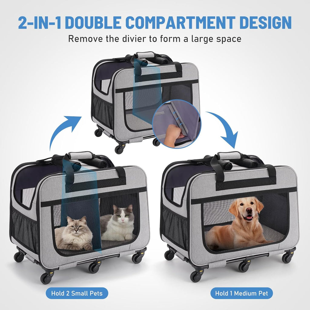 FASNATI Extra groe Doppel-Fach-Haustier-Tragetasche mit abnehmbaren Rdern für Katze/Hund, faltbare Rolltrage für 2 Katzen, Haustier-Katzen-Reisetrage für Spaziergnge/Camping, Grau