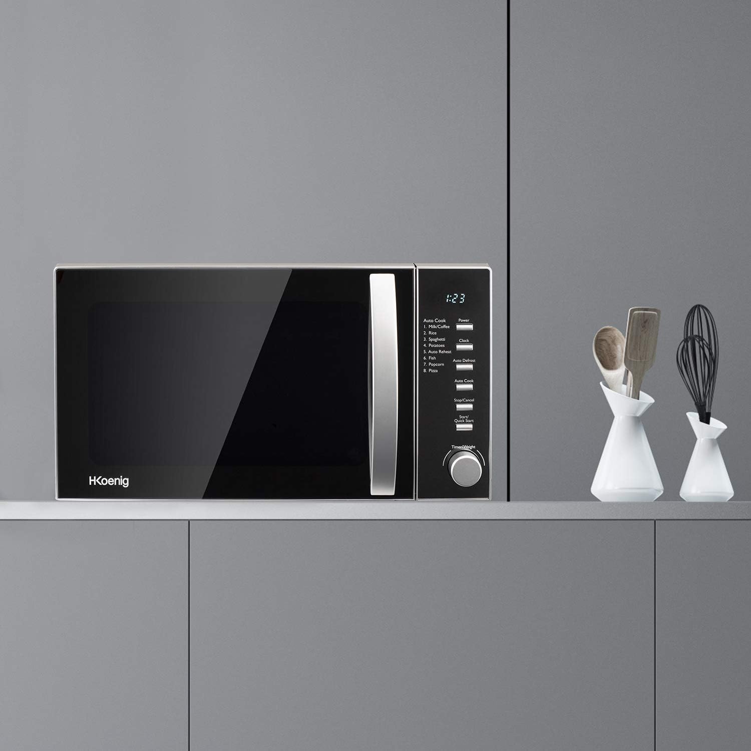 H.Koenig Microonde e Grill 2 in 1 VIO9, 25L, Piatto Girevole 27cm, 10 Livelli di Cottura fino a 1000W, Scongelamento, Cottura Combinata, Display LCD
