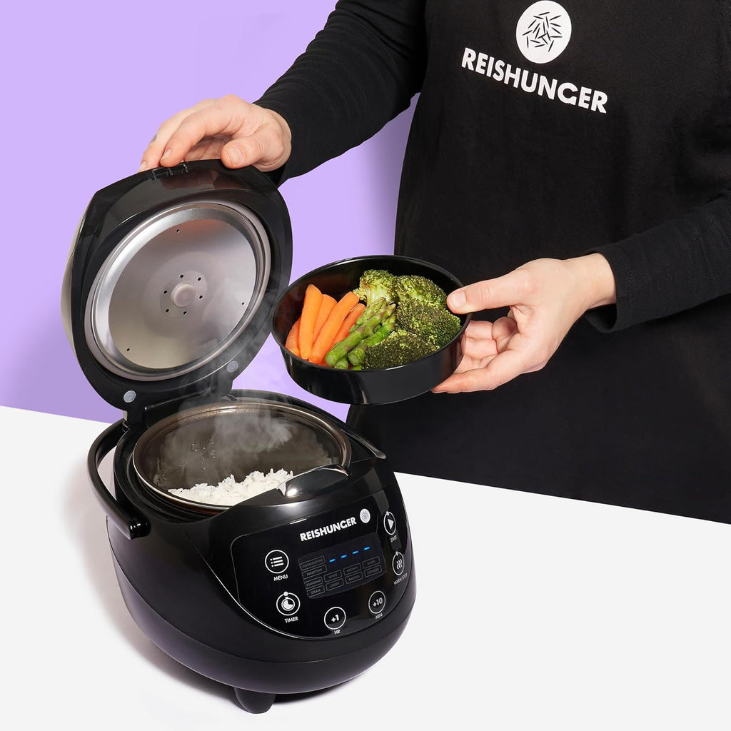 REISHUNGER Cuociriso digitale piccolo, nero | Da 0,6 L fino a 3 persone | Funzione mantenimento calore, timer e pentola premium | Multicooker e vaporiera piccoli, 8 programmi, tecnologia a 7 fasi