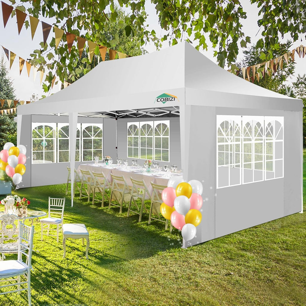 COBIZI Gazebo Pieghevole 3x6 Impermeabile Stabile con 6 Pareti Laterali, Tenda a Padiglione con Tetto a Punta, 3 Altezze Regolabili, Protezione UV, Borsa per Il Trasporto, Picchetti, Corde per Giardino, Matrimoni, Mercati, Eventi all'Aperto