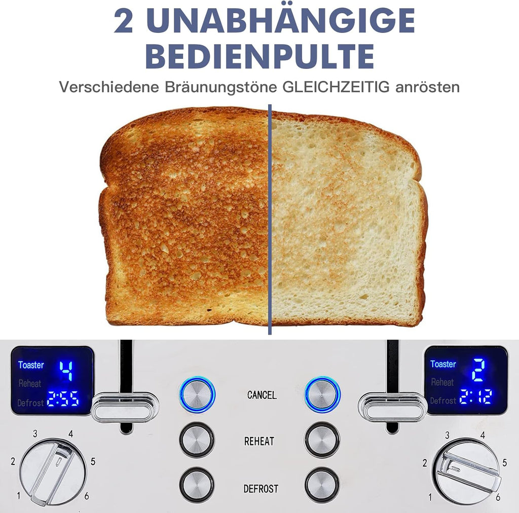 Tostapane 4 Fette, CUSIMAX Tostapane in acciaio inox con display a LED, 4 fessure extra larghe tostapane nero, 2 pannelli di controllo individuali con 6 livelli di doratura, funzione annulla, riscalda e scongela