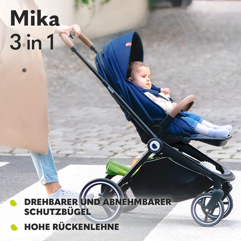 Passeggino LIONELO MIKA PLUS 3-in-1, da 0 a 48 mesi, fino a 22 kg, navicella fino a 9 kg, seggiolino auto fino a 13 kg, schienale regolabile, ammortizzazione, ruote a 360°, cappottina XXL