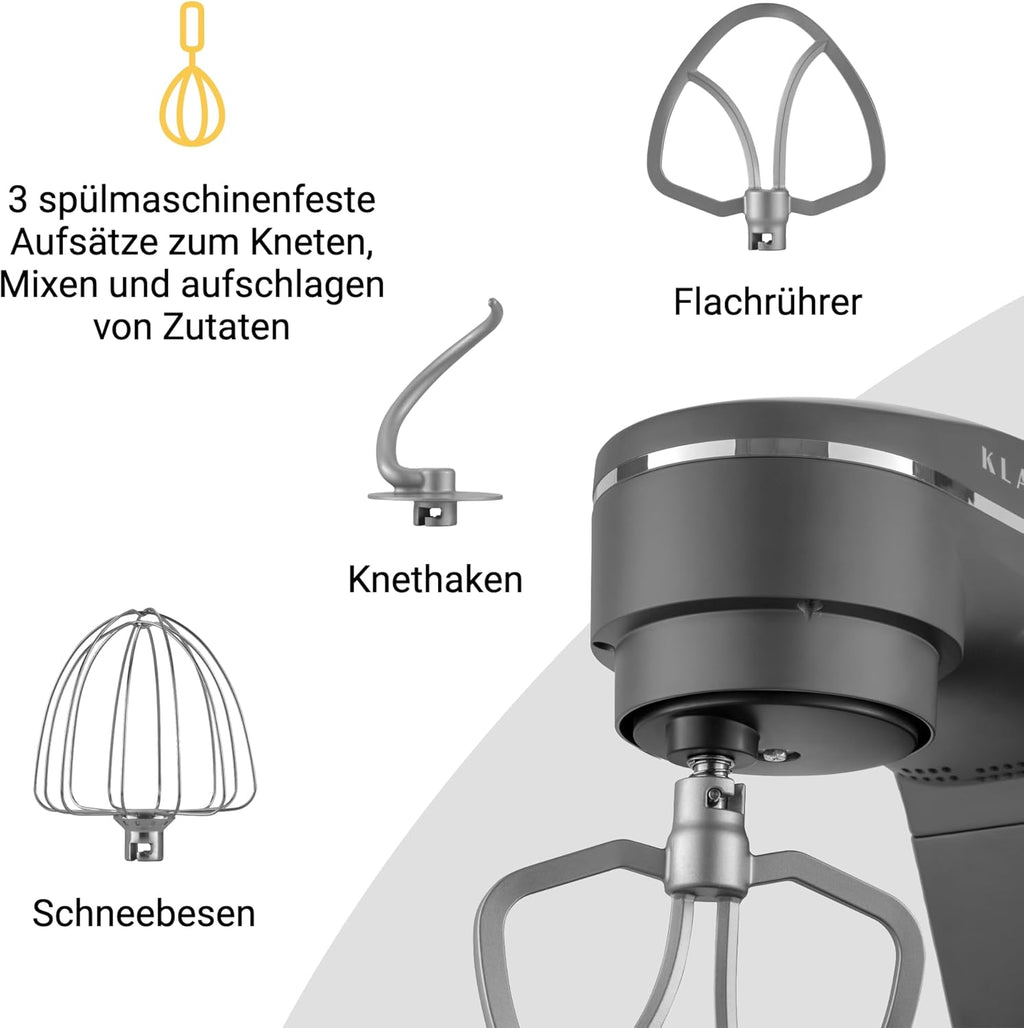 Impastatrice Planetaria KLAMER 1800W, con Ciotola in Acciaio Inossidabile da 6 Litri, 10 Velocità con Timer, Frusta a Filo, Gancio Impastatore, Frusta Piatta e Paraspruzzi