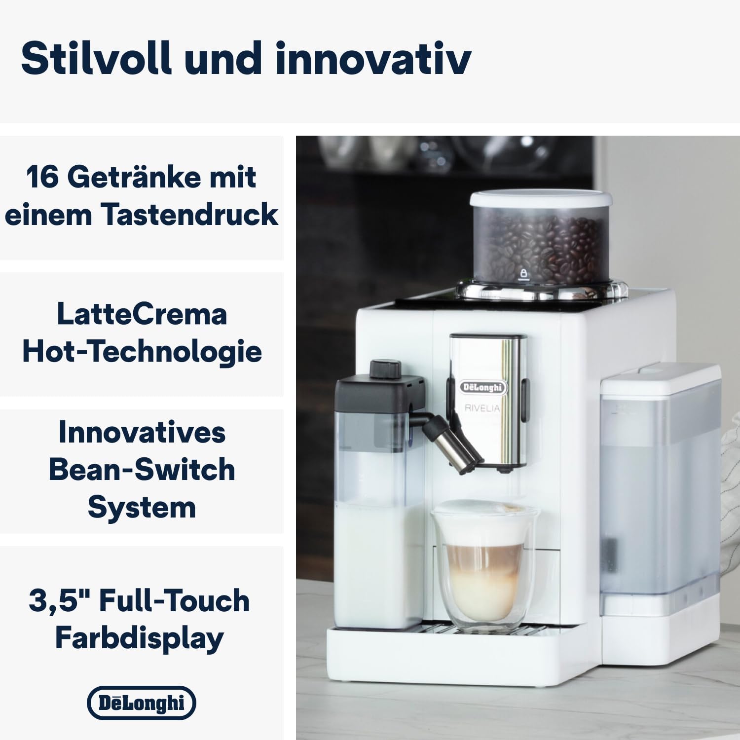 De'Longhi Rivelia EXAM440.35.BG Macchina da caffè automatica con lancia vapore, contenitore chicchi intercambiabile, 8 bevande a base di caffè one-touch, funzione Extra Shot, display touch da 3,5 pollici, Beige