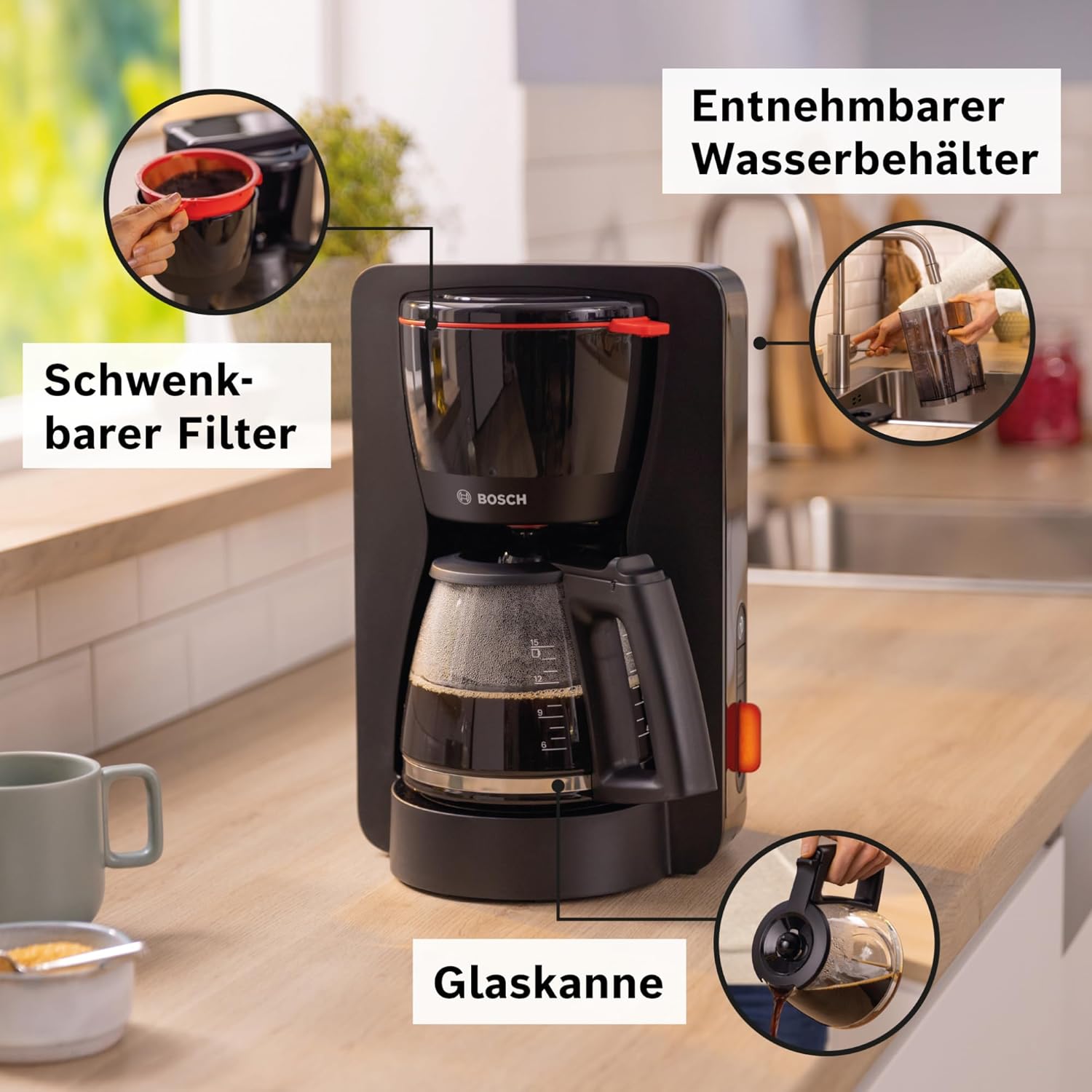 Bosch Filterkaffeemaschine MyMoment TKA3M134, Thermokanne 1 L, für 8-12 Tassen, Tropfstopp, schwenkbarer Filtertrger, Entkalkungsprogramm, abnehmbarer Wassertank, 1200 Watt, Schwarz matt