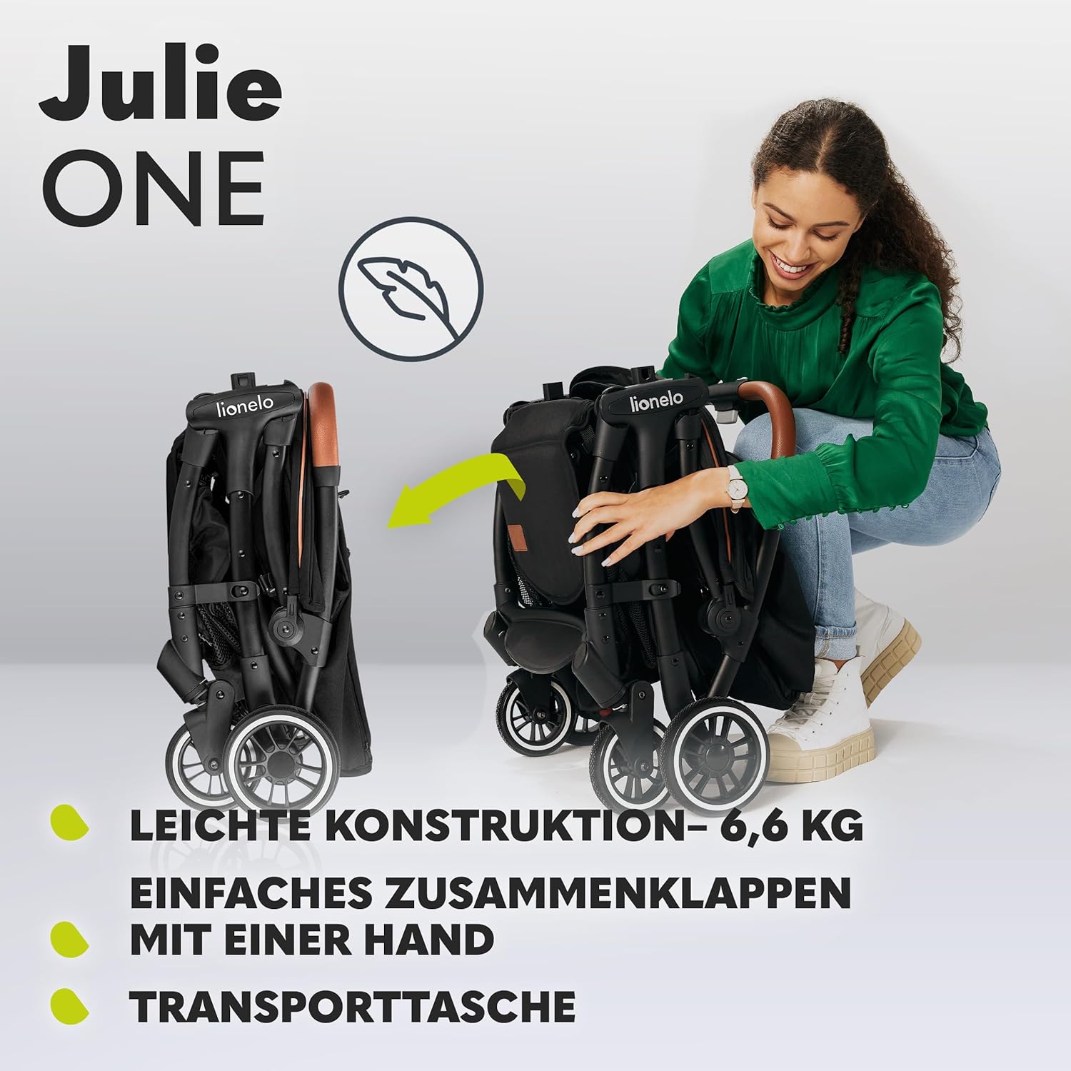 LIONELO Julie One Passeggino da 0 a 22 kg, schienale e poggiagambe regolabili, zanzariera, coprigambe, portabicchieri e borsa da trasporto, pieghevole