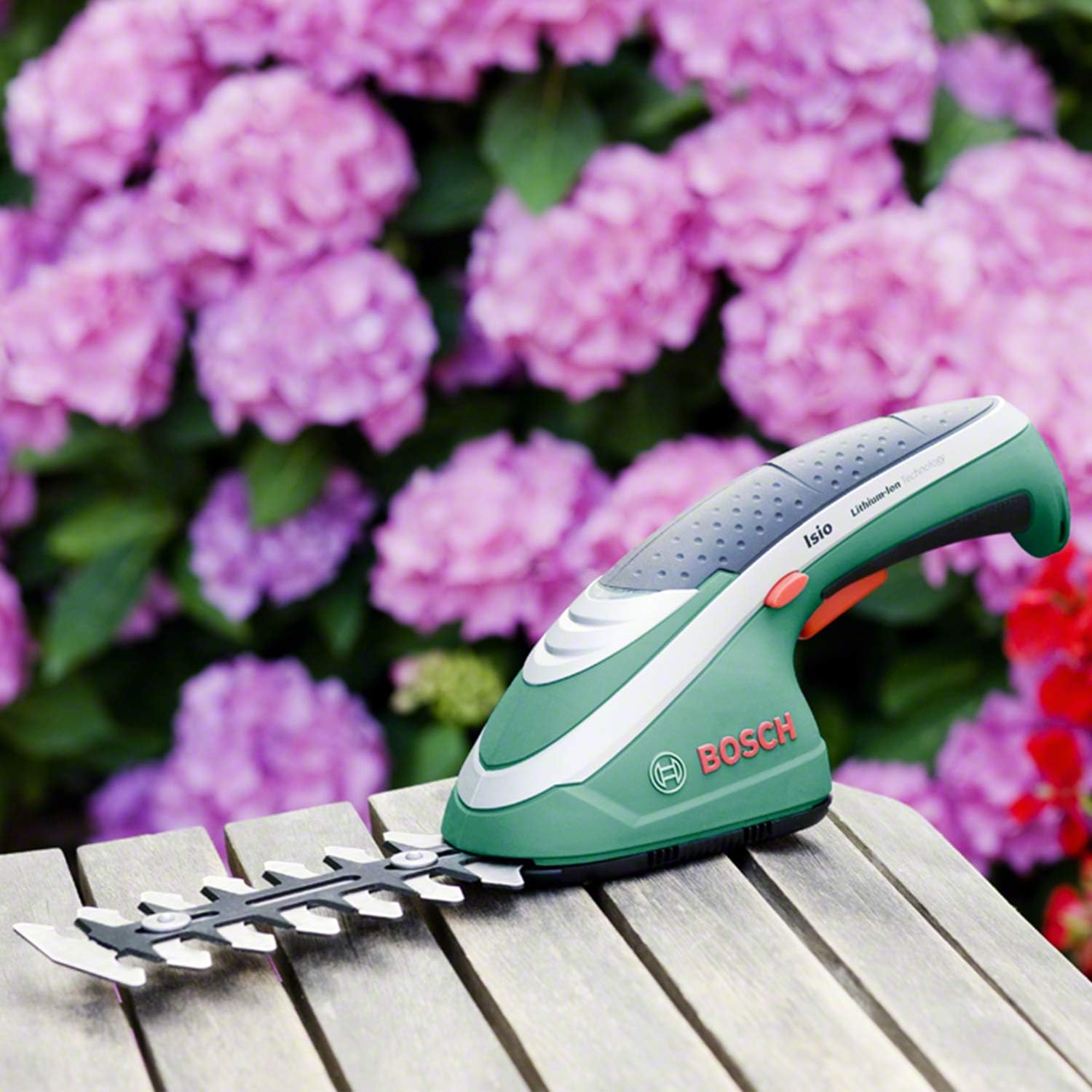 Set di tosaerba a batteria Bosch Isio (3,6 Volt, lunghezza lama 12 cm, distanza tra i denti 8 mm, con guanti da giardinaggio XL inclusi, in softcase) - Amazon Edition