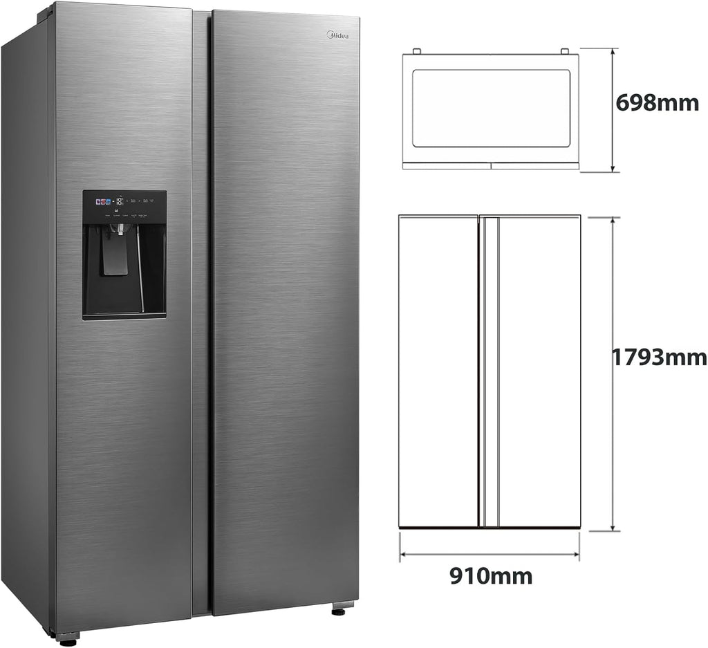 Midea KS-DDX 6.32 WT Frigorifero Side-by-Side con Congelatore/Altezza 178,8 cm/254 kWh/anno/No Frost/Compressore Dual Inverter/con Distributore di Acqua e Ghiaccio 3-in-1 e Serbatoio d'Acqua, Inox Scuro