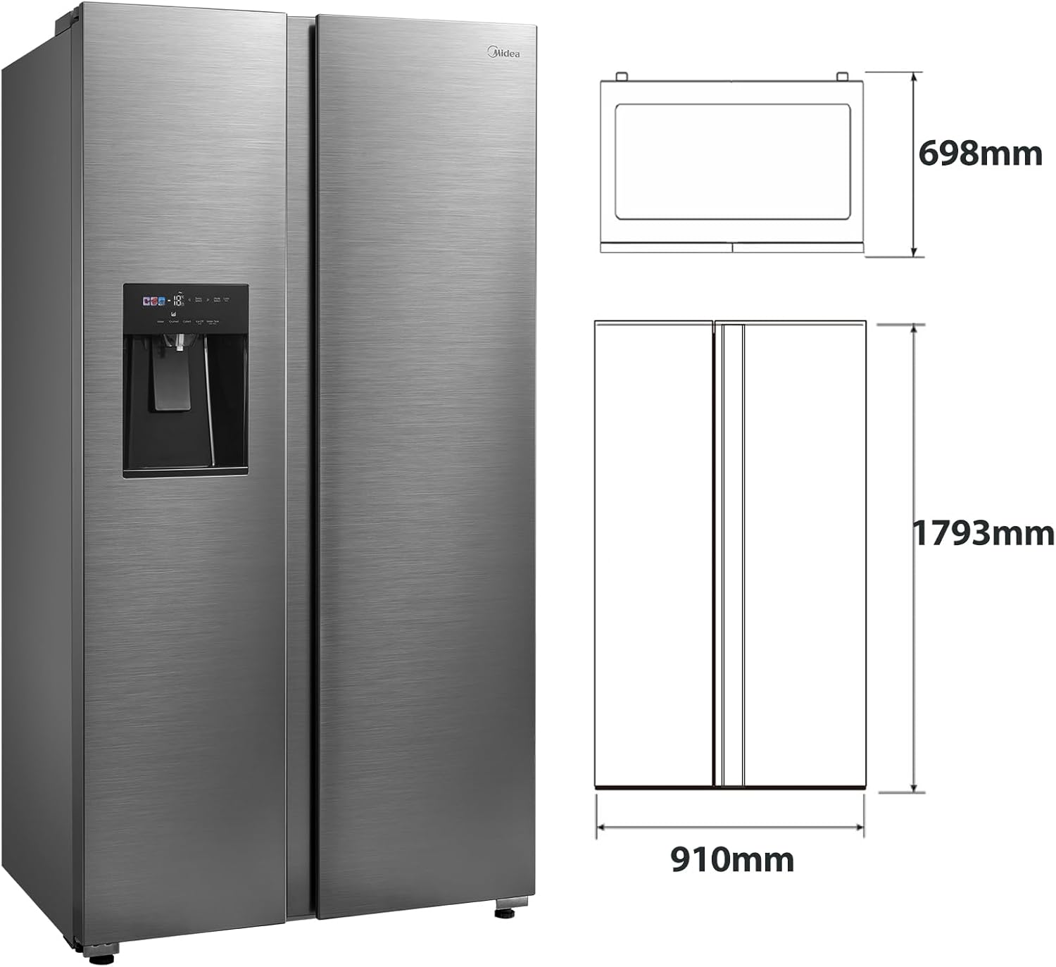 Midea KS-DDX 6.32 WT Frigorifero Side-by-Side con Congelatore/Altezza 178,8 cm/254 kWh/anno/No Frost/Compressore Dual Inverter/con Distributore di Acqua e Ghiaccio 3-in-1 e Serbatoio d'Acqua, Inox Scuro