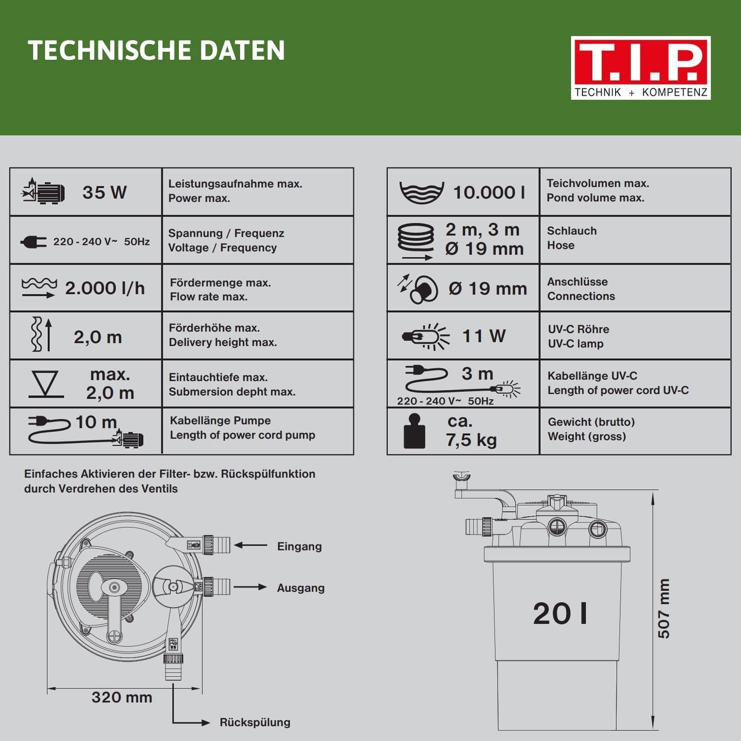 T.I.P. Filtro per laghetto - Set filtro a pressione per laghetto (capacità laghetto 5.000 l, portata 1.500 l/h, UV-C 9 Watt, funzione di controlavaggio integrata, inclusa pompa, lampada UV-C, tubi flessibili, materiale filtrante) TFP 5000 UV 9, 30297