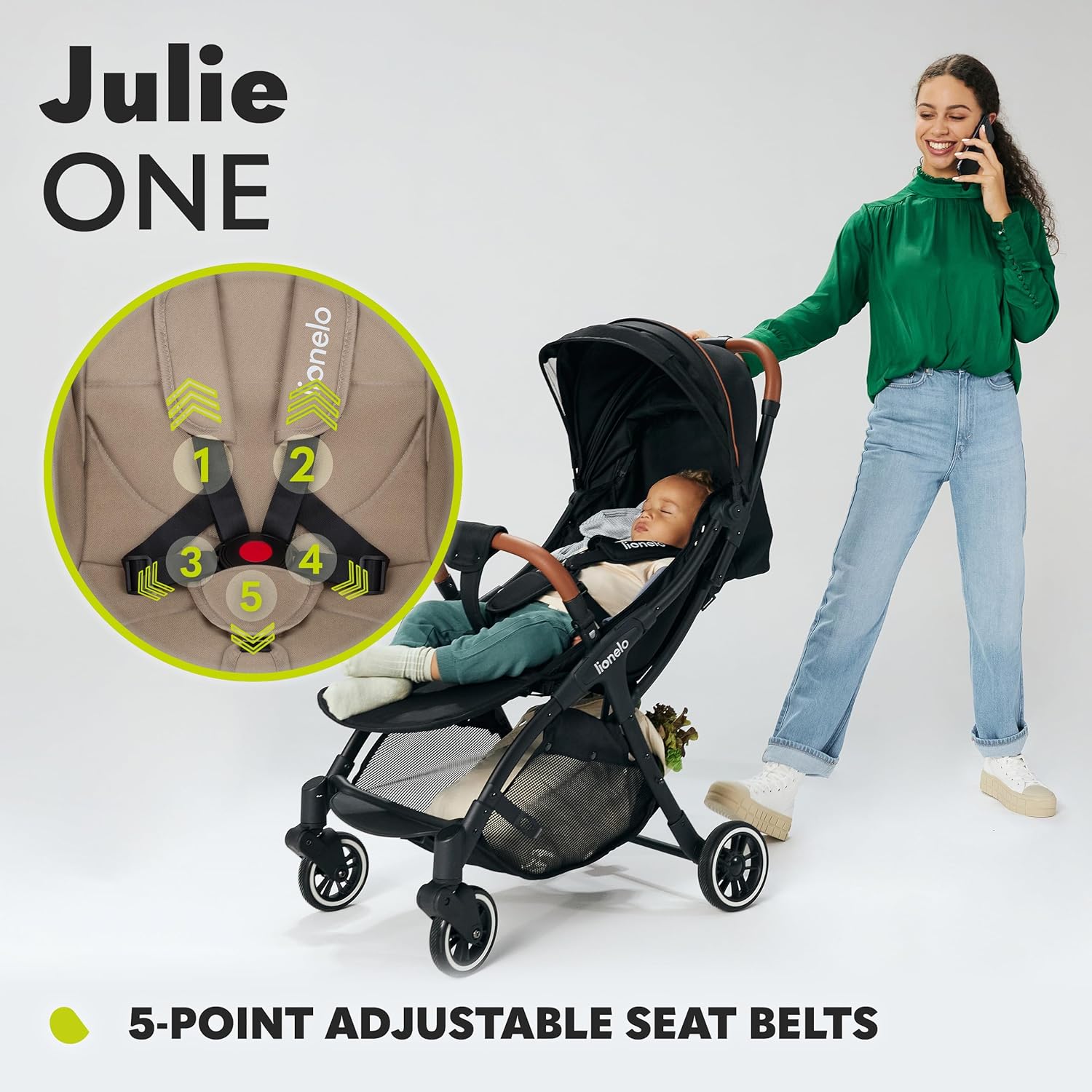 LIONELO Julie One Passeggino da 0 a 22 kg, schienale e poggiagambe regolabili, zanzariera, coprigambe, portabicchieri e borsa da trasporto, pieghevole