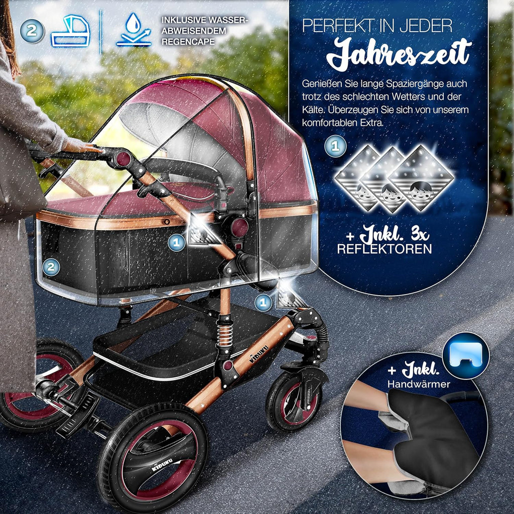 KIDUKU® Set completo passeggino 3 in 1 | Set passeggino combinato con navicella e sedile sportivo passeggino e seggiolino auto ovetto sacco a pelo | Ruote in gomma piena borsa per il cambio scaldamani parapioggia tavolino ECE R129