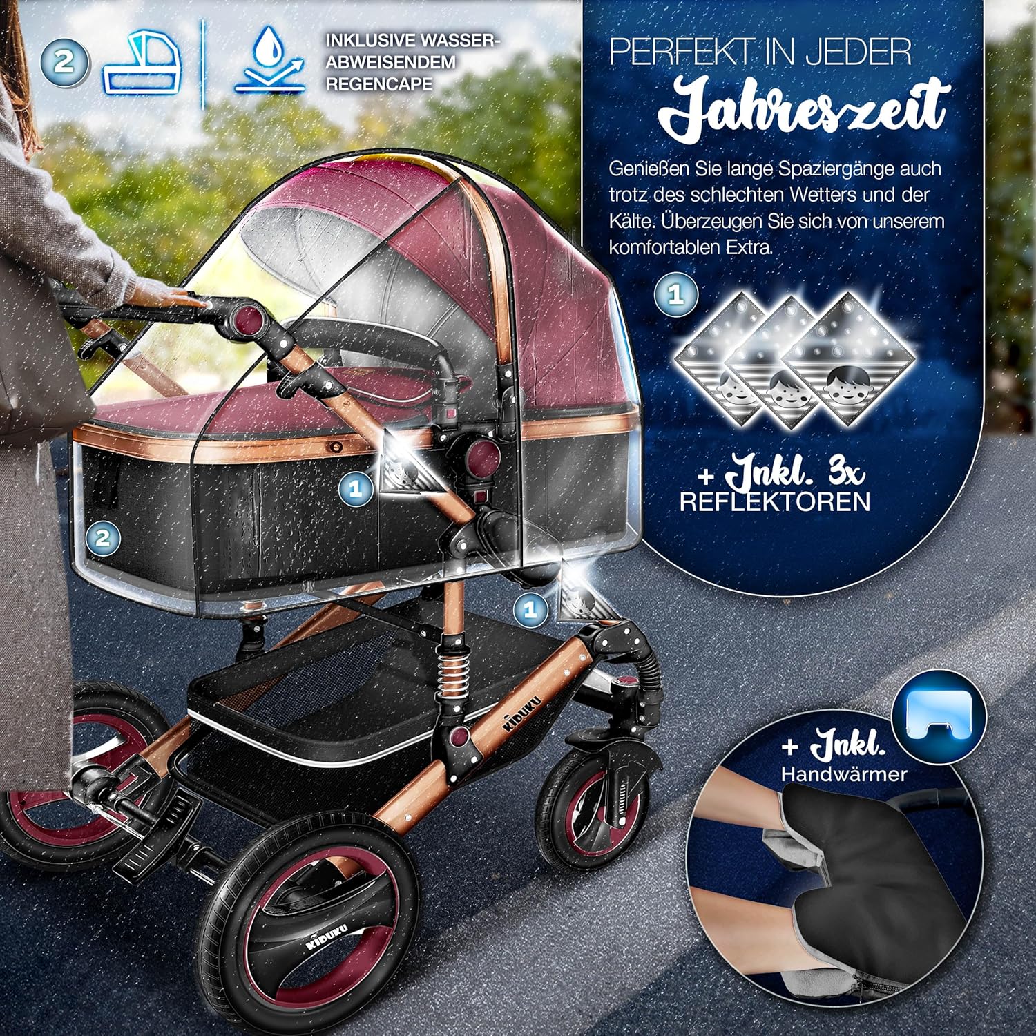 KIDUKU® Set completo passeggino 3 in 1 | Set passeggino combinato con navicella e sedile sportivo passeggino e seggiolino auto ovetto sacco a pelo | Ruote in gomma piena borsa per il cambio scaldamani parapioggia tavolino ECE R129