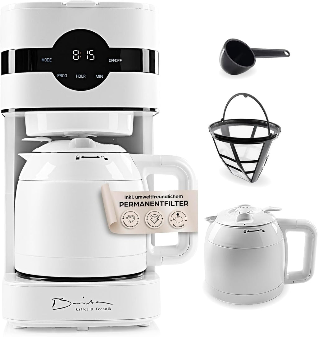 Barista Kaffeemaschine mit Mahlwerk | Filterkaffeemaschine mit Glaskanne | 900W Filtermaschine mit Touchdisplay & Timerfunktion für bis zu 10 Tassen | 1,25 Liter Kaffeekanne | Für Bohnen & Pulver