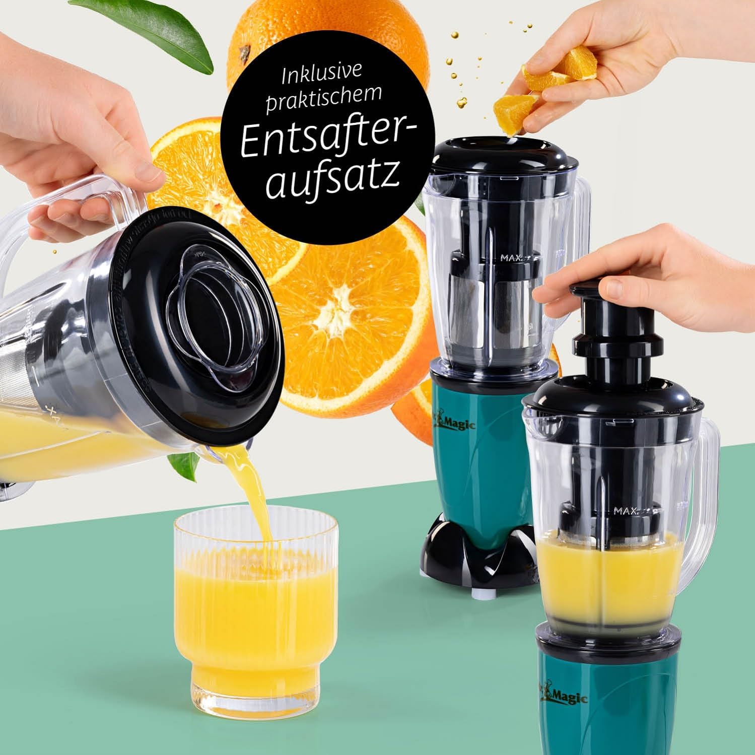 GOURMETmaxx Frullatore per Smoothie e Frullatore a Immersione Set da 18 pezzi - 400W | Frullatore Elettrico da 750ml, Mixer con 4 Bicchiere To-Go, 2 Lame, Spremiagrumi, Piedistallo e Coperchio | Lavabile in Lavastoviglie, a Prova di Perdite e Senza BPA