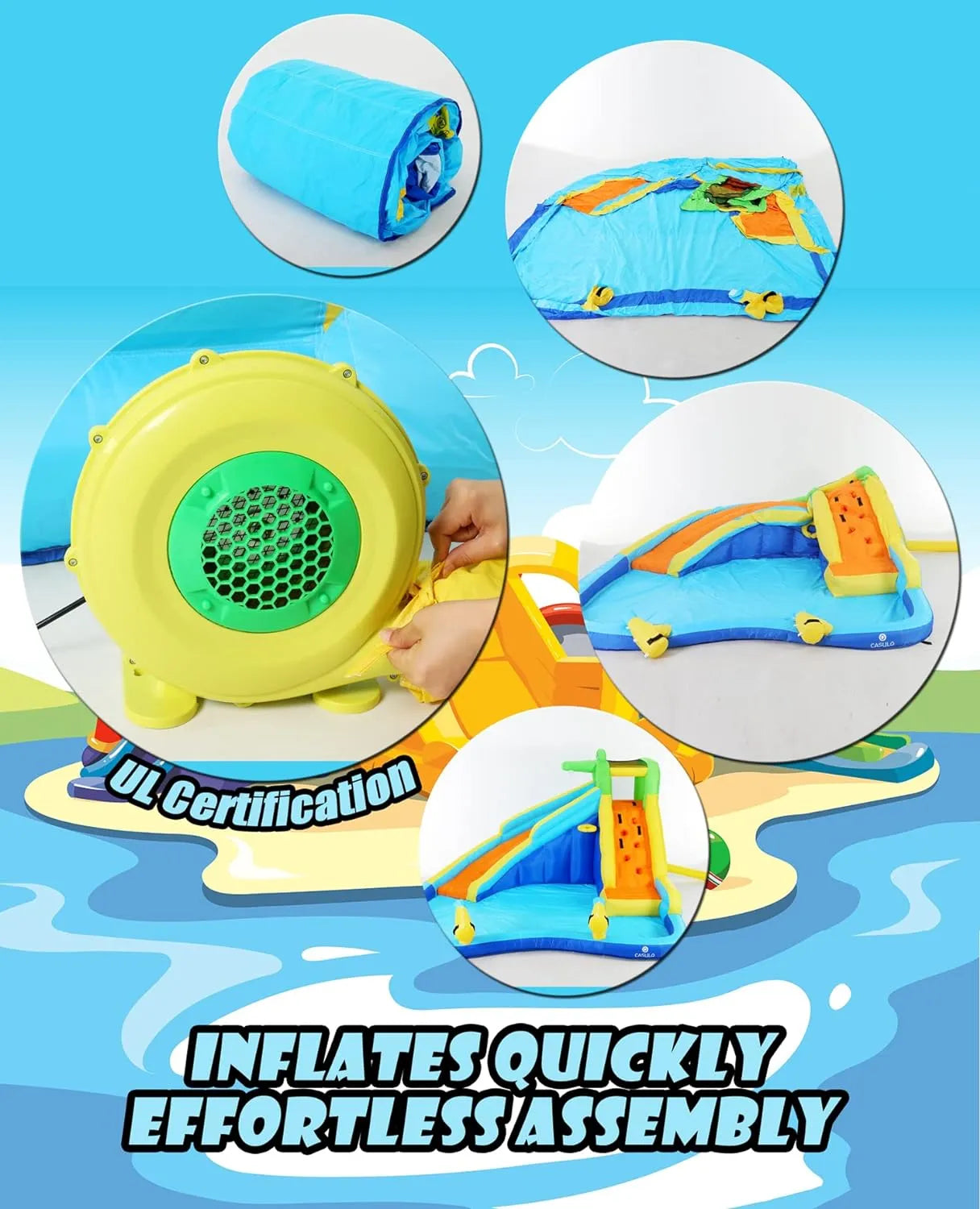 Scivoli d'acqua gonfiabili per bambini, parco acquatico gonfiabile 8-in-1 con soffiatore da 450 W, parete da arrampicata, piscina, 2 cannoni ad acqua, canestro da basket, scivolo ad acqua, irrigatore a coccodrillo come regalo per una festa in giardino