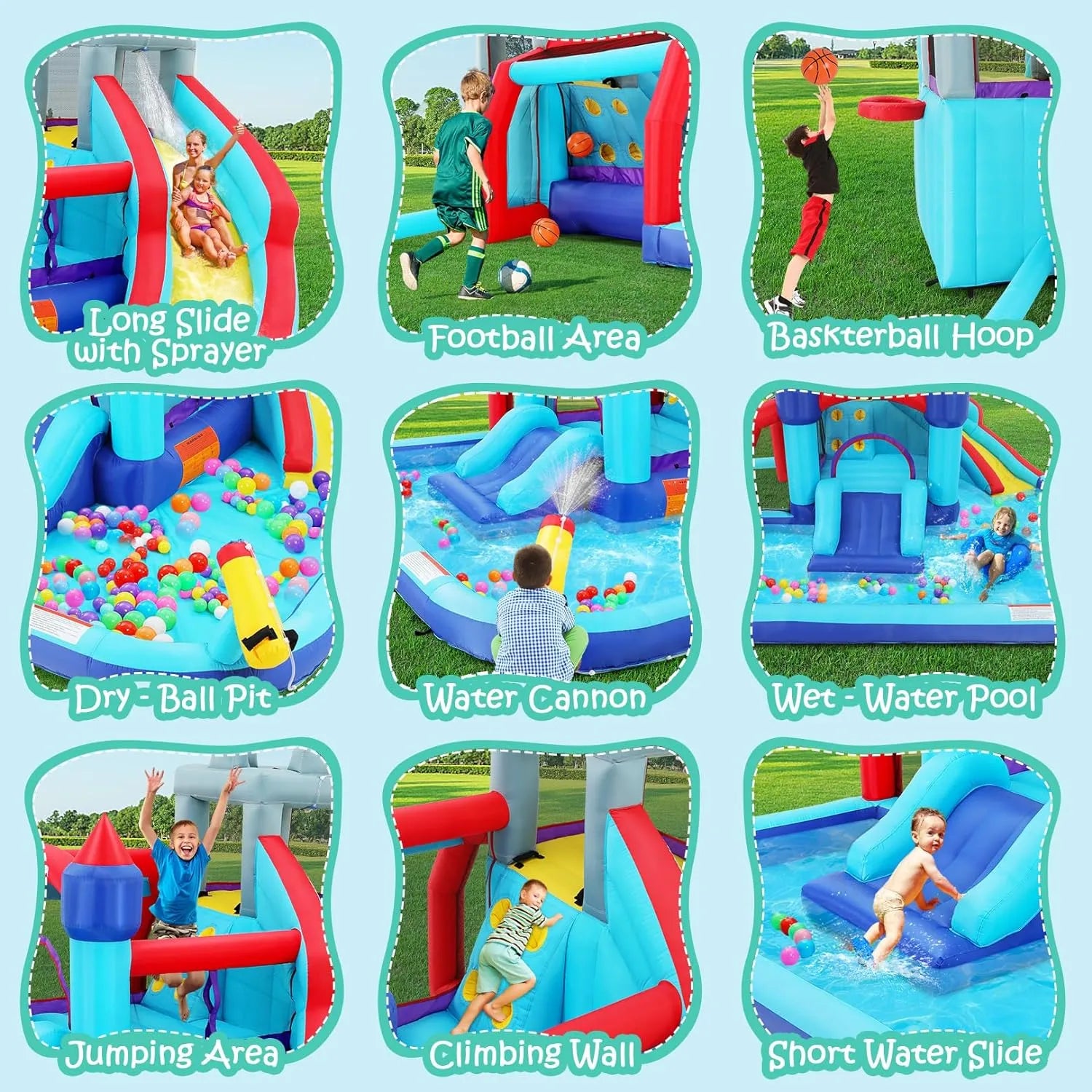 Scivoli d'acqua gonfiabili per bambini, parco acquatico gonfiabile 8-in-1 con soffiatore da 450 W, parete da arrampicata, piscina, 2 cannoni ad acqua, canestro da basket, scivolo ad acqua, irrigatore a coccodrillo come regalo per una festa in giardino