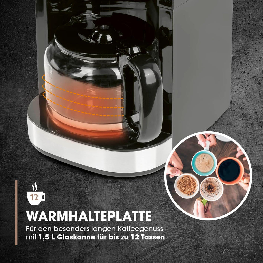 Barista Kaffeemaschine mit Mahlwerk | Filterkaffeemaschine mit Glaskanne | 900W Filtermaschine mit Touchdisplay & Timerfunktion für bis zu 10 Tassen | 1,25 Liter Kaffeekanne | Für Bohnen & Pulver