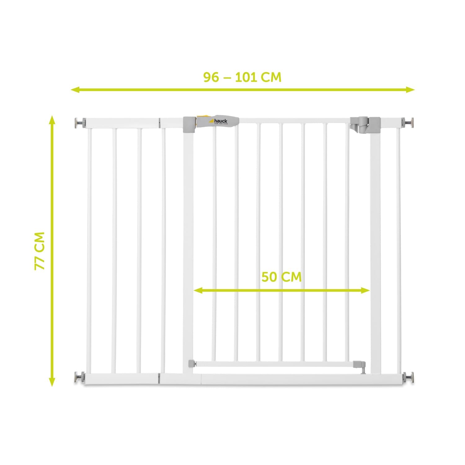 hauck Cancello di sicurezza / barriera di sicurezza Open N Stop KD con estensione da 21 cm per larghezze 96-101 cm, senza forare, 0-24 mesi, apertura con una mano, orientabile su entrambi i lati, metallo (bianco)
