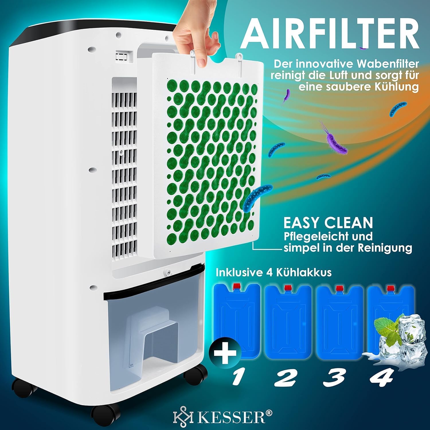 KESSER Climatizzatore Portatile 4in1 | Telecomando | Unità di Climatizzazione | Ventilatore per Climatizzatore | Timer | 3 Livelli | Ionizzatore Umidificatore | Raffreddatore d'Aria |