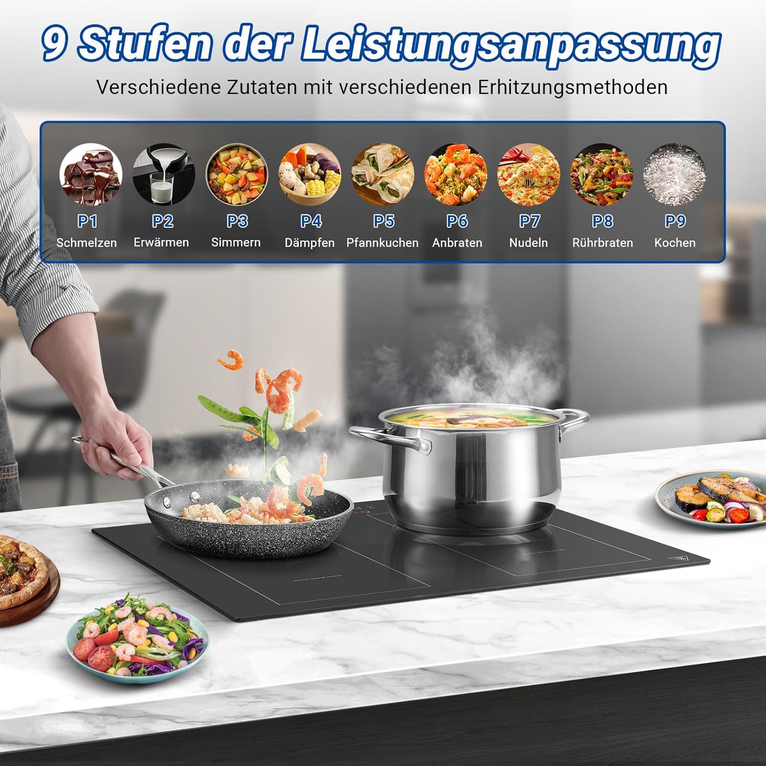 AMZCHEF Induktionskochfeld 60cm mit Zwei Flexzonen, 4 Zonen Induktionskochplatte mit Boost-Funktion und 9 Leistungsstufen, Touch-Bedienung, Timer, Sicherheitsschloss, Überhitzungsschutz, BBQ, 7200W