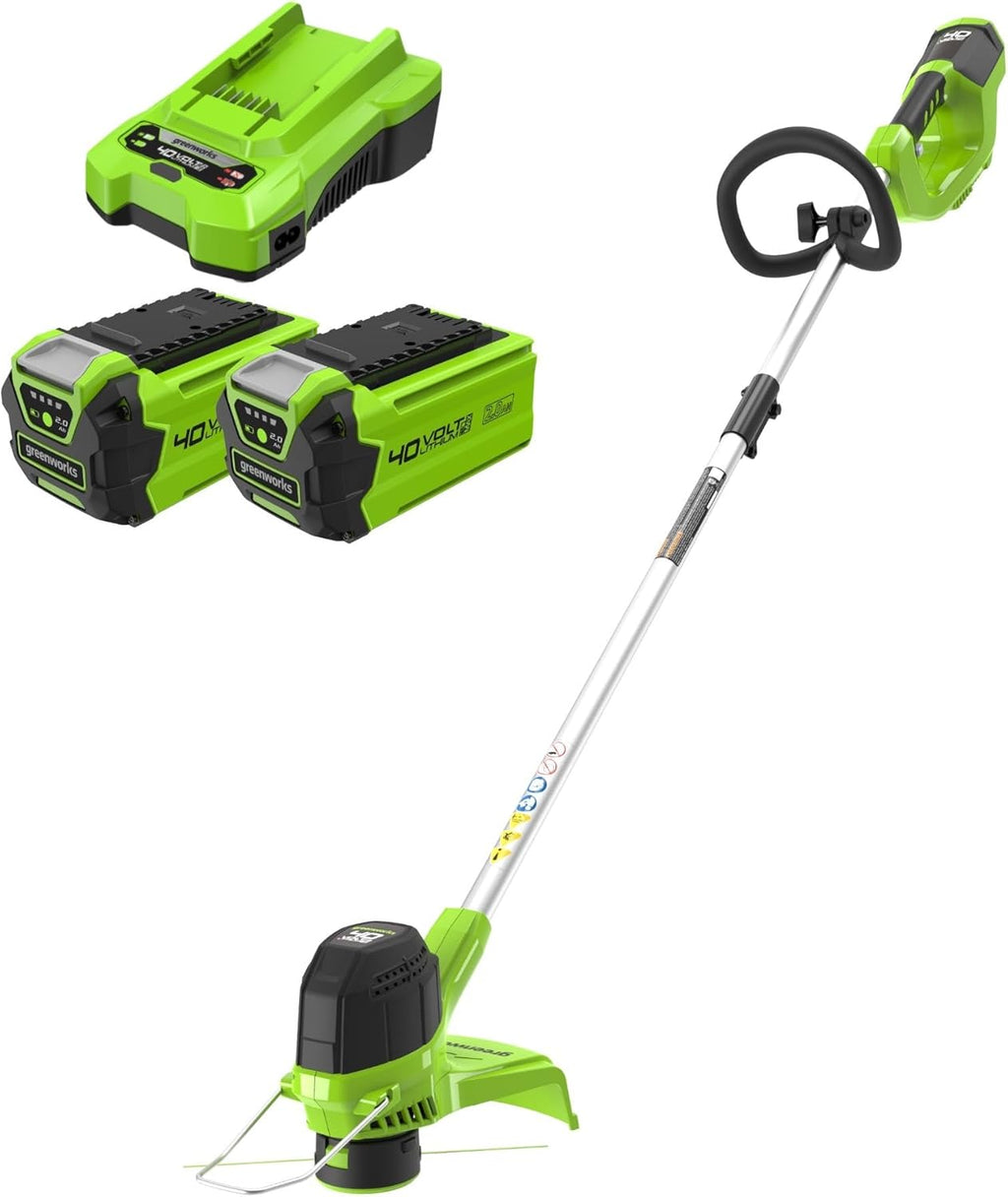 Greenworks 40V Akku Rasentrimmer für mittelgroße Gärten, höhenverstellbar, 30 cm Schnittbreite, automatischer Vorschub 1,65 mm Nylon Faden, zwei 40V 2Ah Akkus & Ladegerät, 3 Jahre Garantie G40LTK2X
