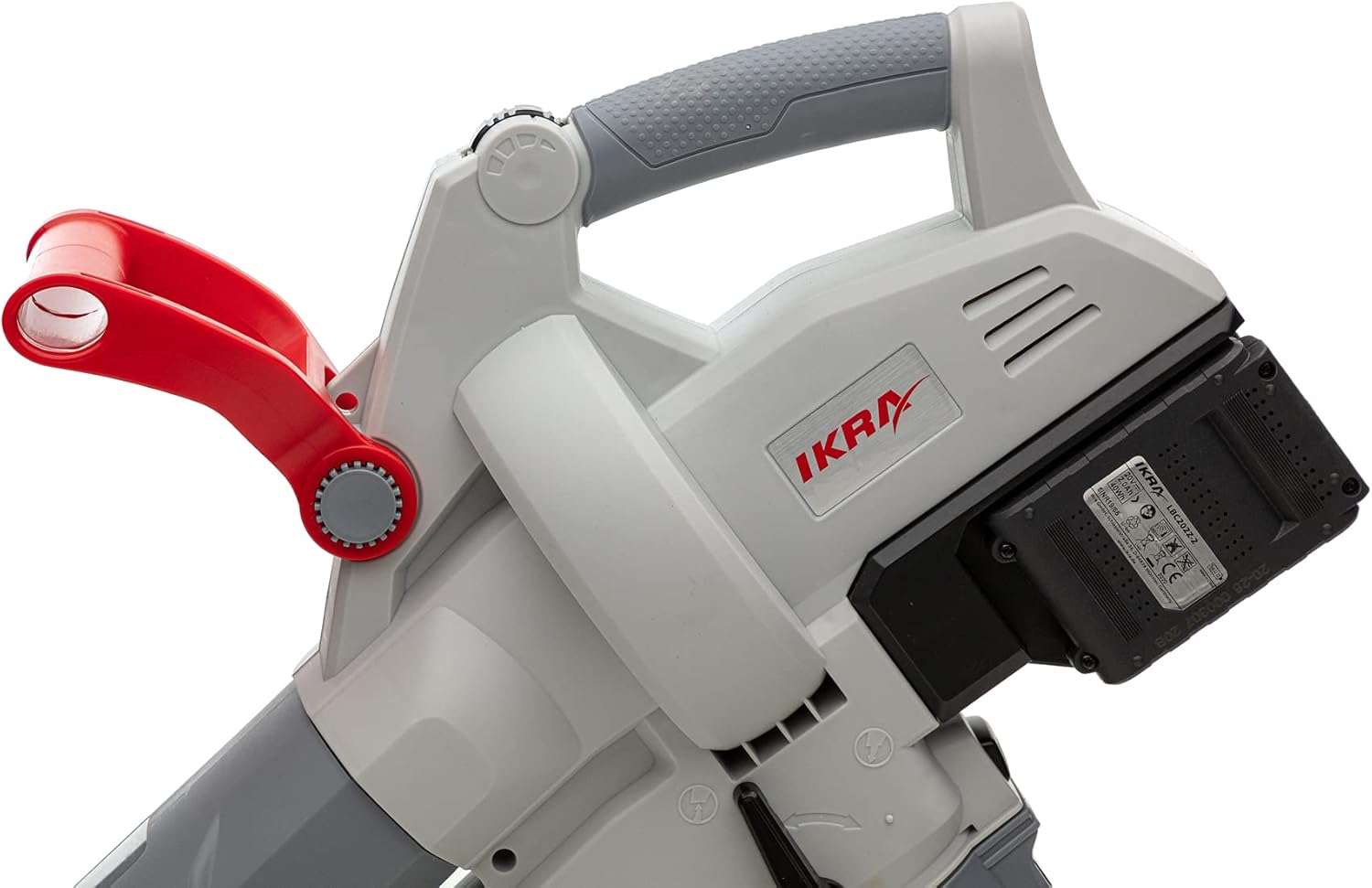 IKRA 74003200 Batteria Soffiatore Aspiratore Trituratore 3in1 ICBV 2/20 incl. 2 batterie e caricatore doppio rapido, 40 V, Grigio/Rosso