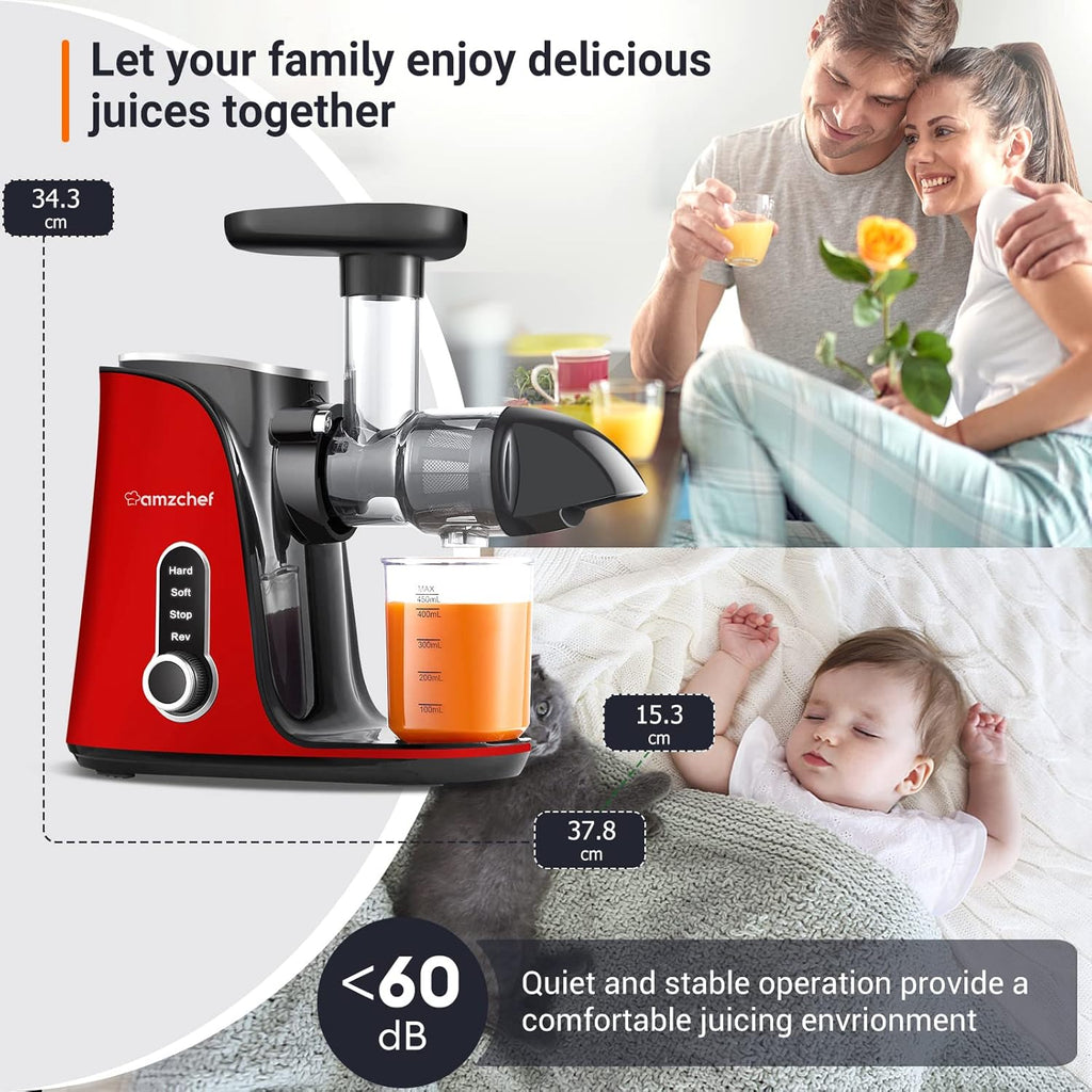 AMZCHEF Estrattore di Succo per Frutta e Verdura con 2 Modalità di Velocità - Slow Juicer con Bottiglia Portatile e 2 Tazze - Cold Press Juicer Senza BPA con LED Intelligente e Funzione di Inversione - Nero