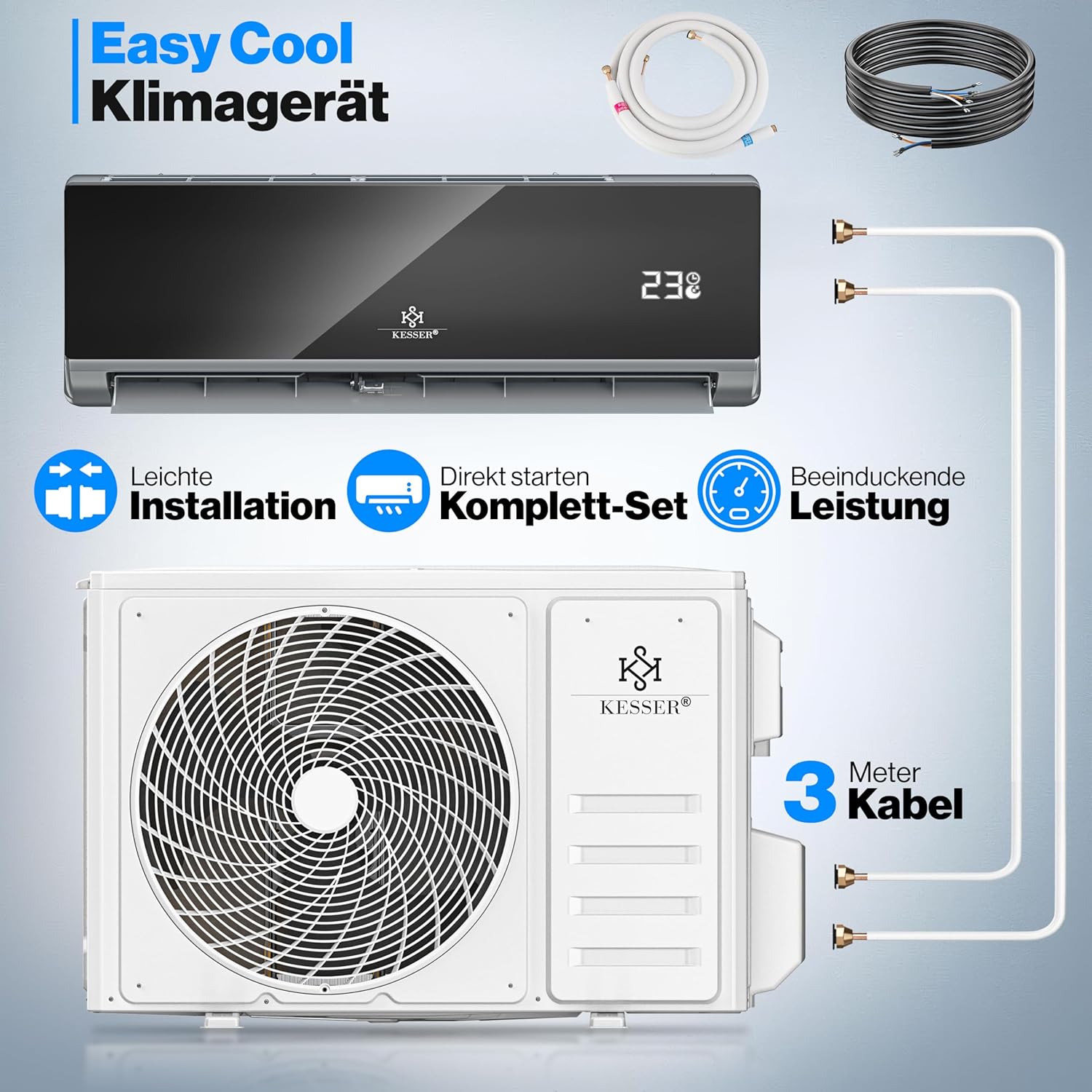 KESSER® Condizionatore Split - con funzione WiFi/App - Raffreddamento A++/Riscaldamento A+ - 9000 BTU/h (2.600 Watt) Refrigerante R32 - Telecomando, funzione timer - Kit di montaggio completo incluso