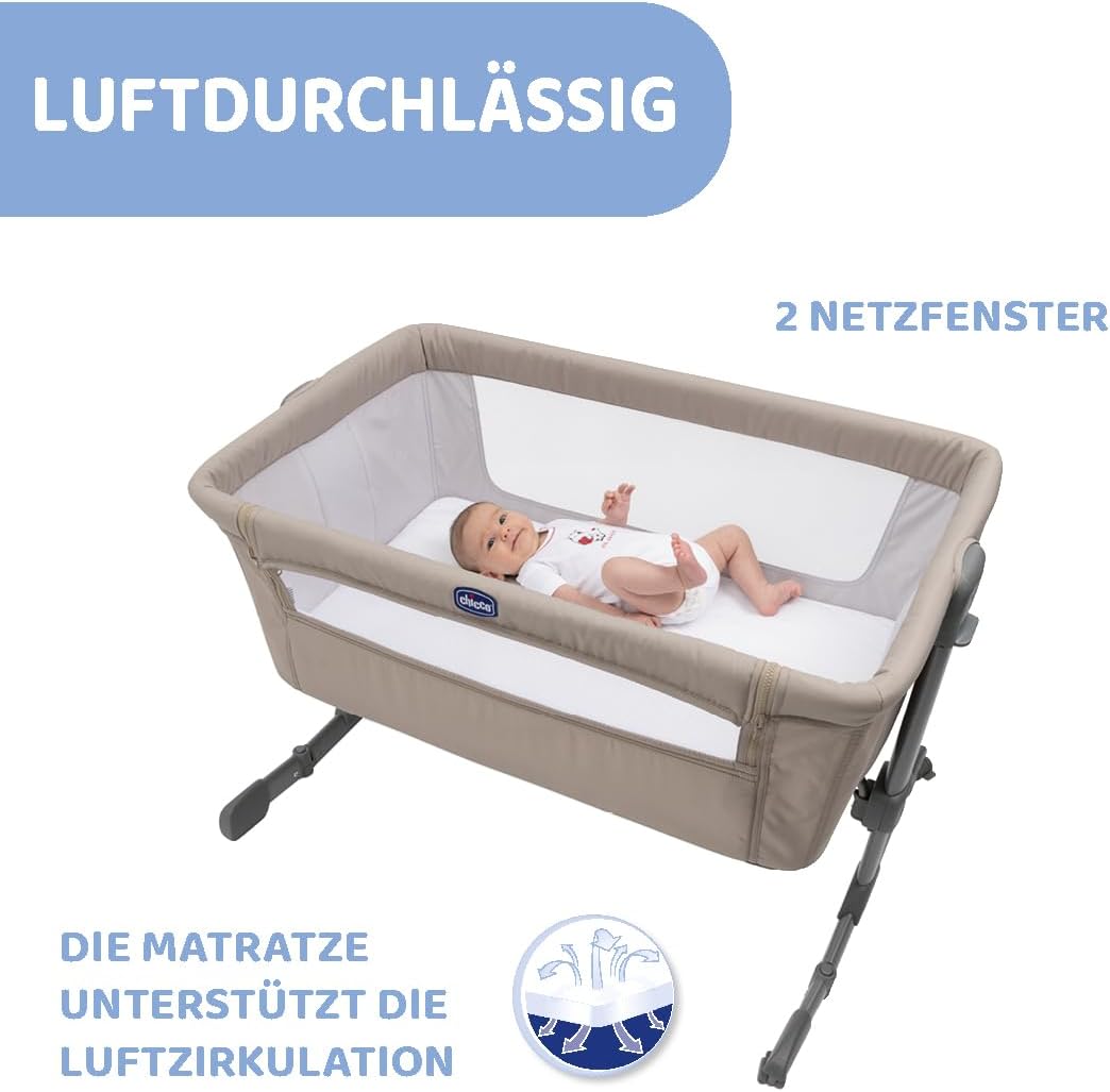 Chicco Next2Me Essential Lettino fianco letto per neonati, Sostenibile, Compatibile con diversi letti, Regolabile in altezza, Inclinabile, Buona circolazione dell'aria, Materasso e borsa inclusi, 0-6 mesi