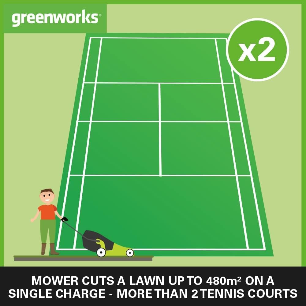 Greenworks 48V (2x24V) Selbstfahrender Akku Rasenmäher für große Flächen bis zu 480m², 46cm Schnittbreite, 55L Sack PLUS zwei 4Ah-Akkus und Doppelladegerät GD24X2LM46SPK4X