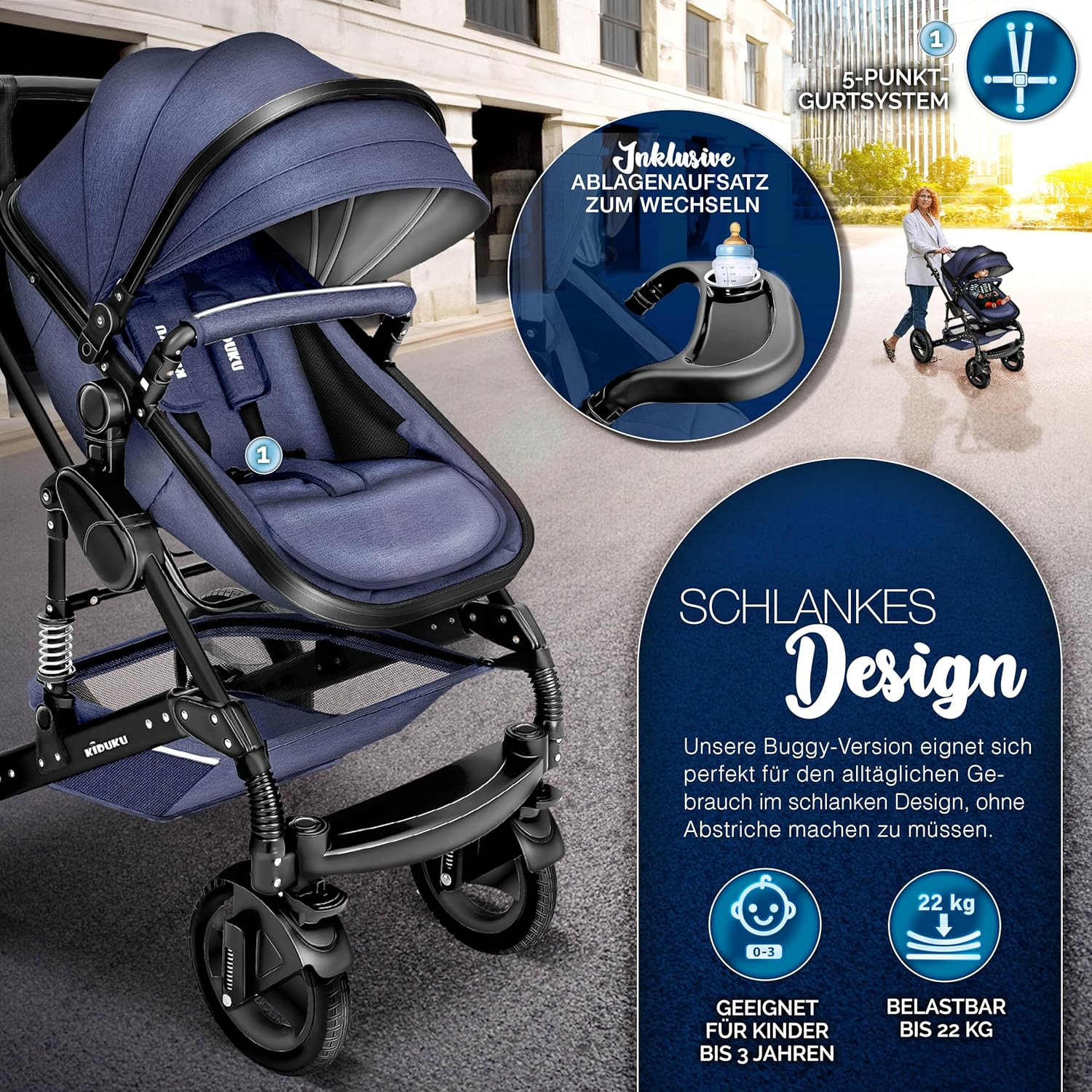 KIDUKU® Set completo passeggino 3 in 1 | Set passeggino combinato con navicella e sedile sportivo passeggino e seggiolino auto ovetto sacco a pelo | Ruote in gomma piena borsa per il cambio scaldamani parapioggia tavolino ECE R129