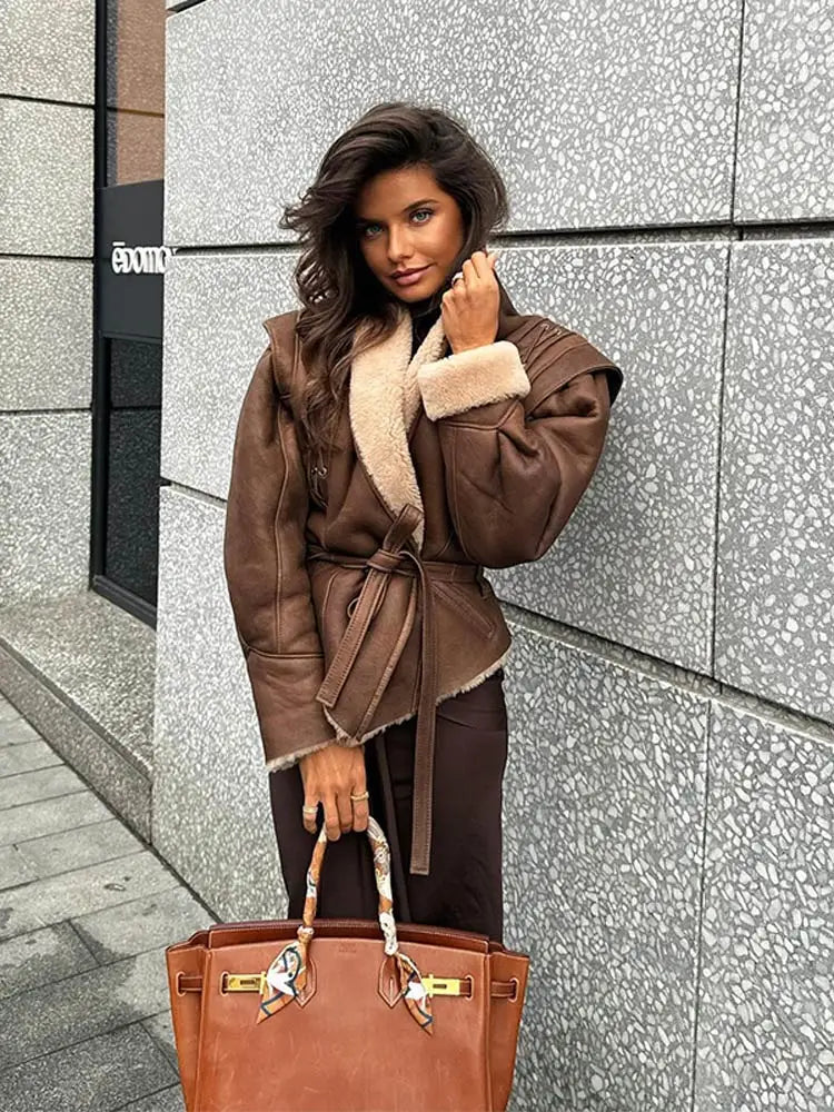 Brown Leather Jacket With Fur And Belt