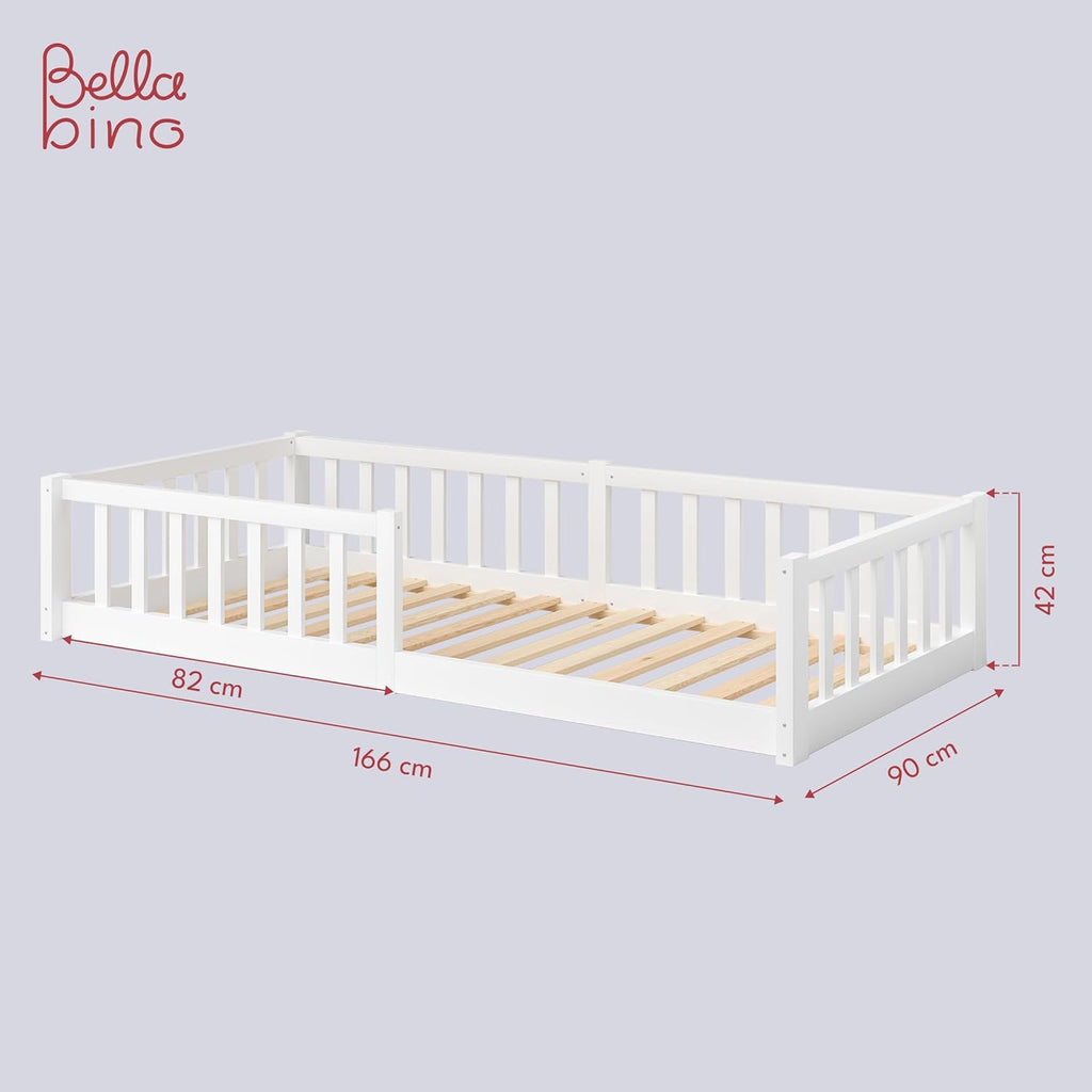 Bellabino Vere Letto a Pavimento 140x200 Montessori, Letto Matrimoniale con Protezione Anticaduta e Rete a Doghe, Letto per Bambini e Bambine in Legno Massello di Pino Bianco con Sbarre