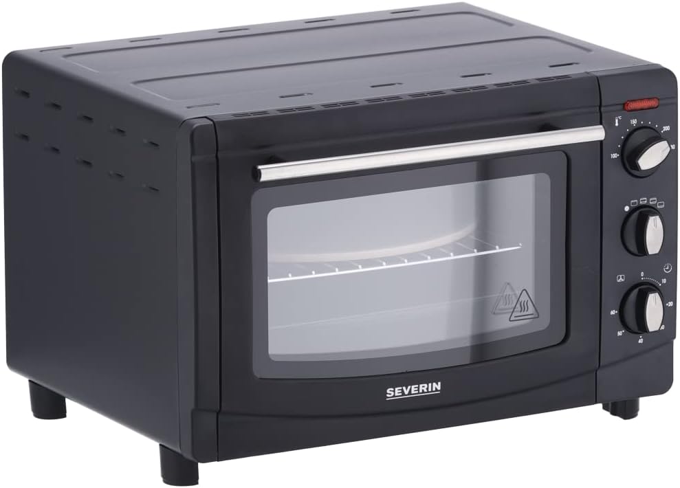 SEVERIN Back- und Toastofen mit Umluftfunktion, Mini Backofen mit Grillrost, Backblech, Drehspie und Pizzastein, vielseitiger Heiluftofen mit 20 L Kapazitt, 1.500 W, schwarz, TO 2068