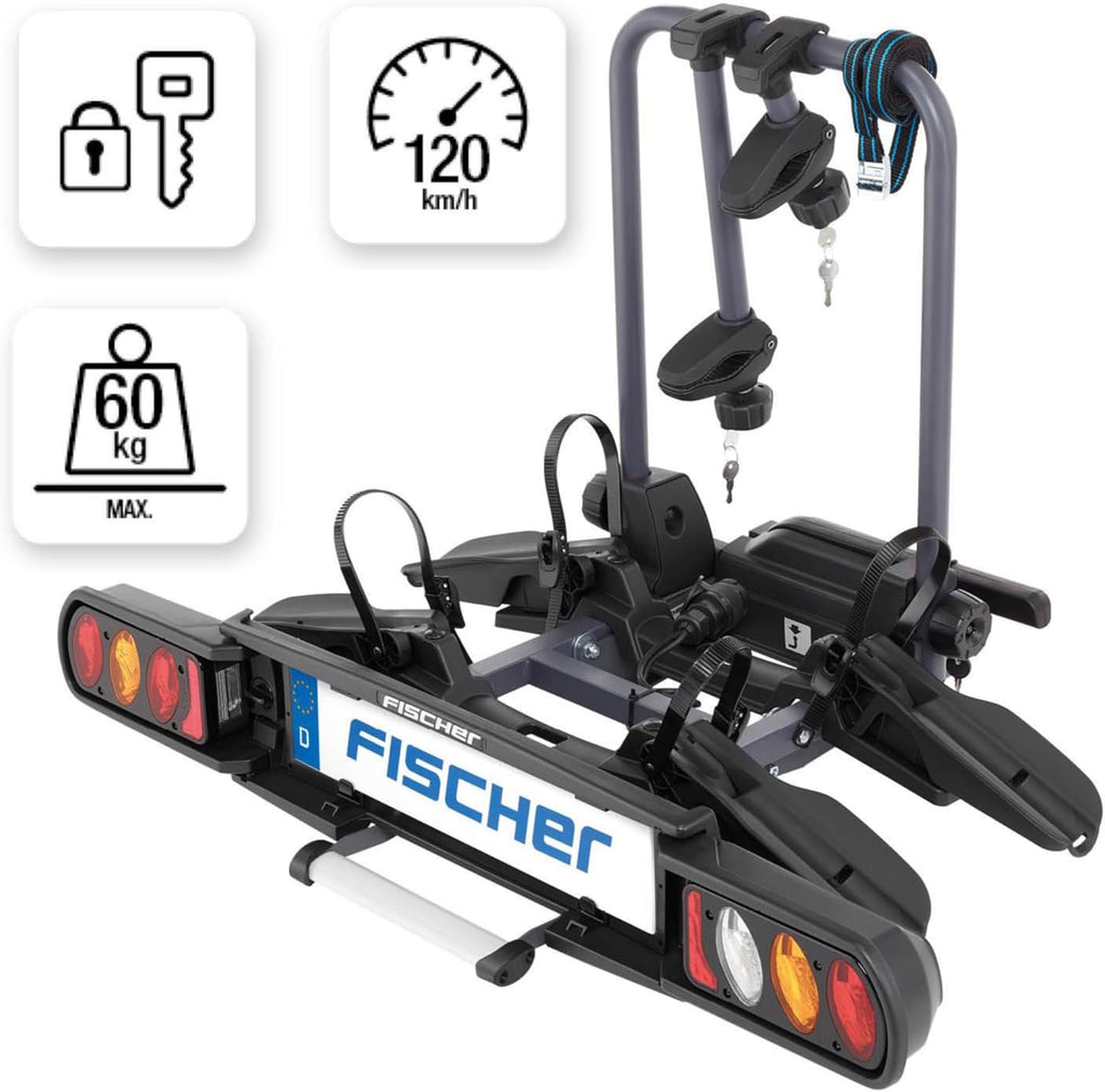 Fischer Portabici da Gancio Traino Proline Evo 2, per 2 biciclette fino a 60 kg di carico utile, adatto per e-bike, preassemblato, con serratura, pieghevole