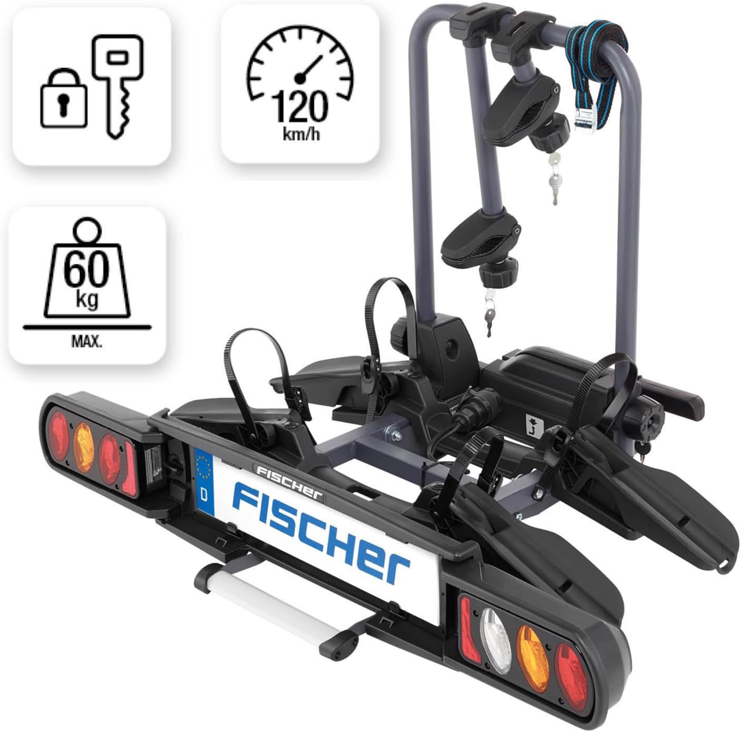 Fischer Portabici da Gancio Traino Proline Evo 2, per 2 biciclette fino a 60 kg di carico utile, adatto per e-bike, preassemblato, con serratura, pieghevole